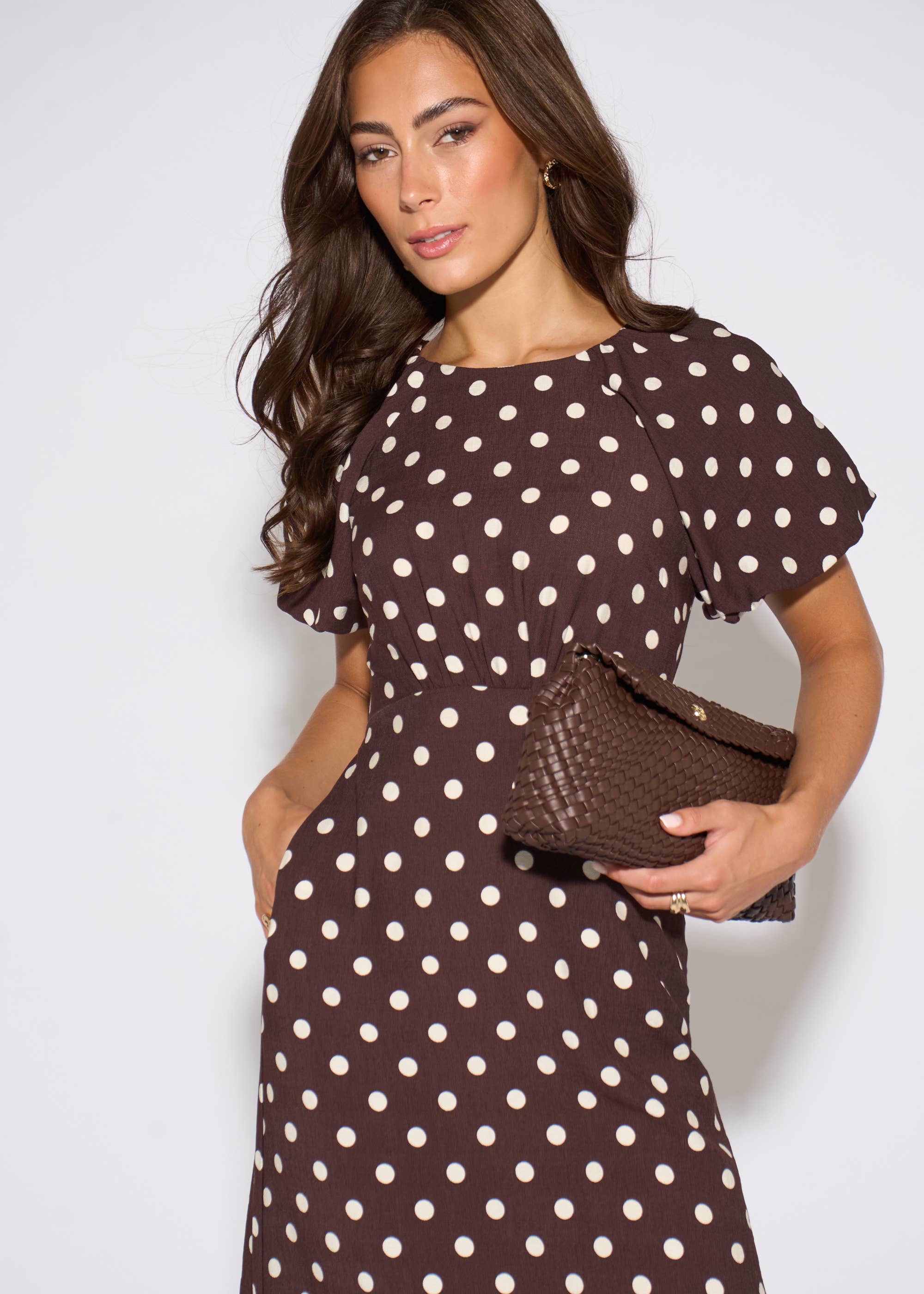 Brown Spot Puff Sleeves Midi Dress