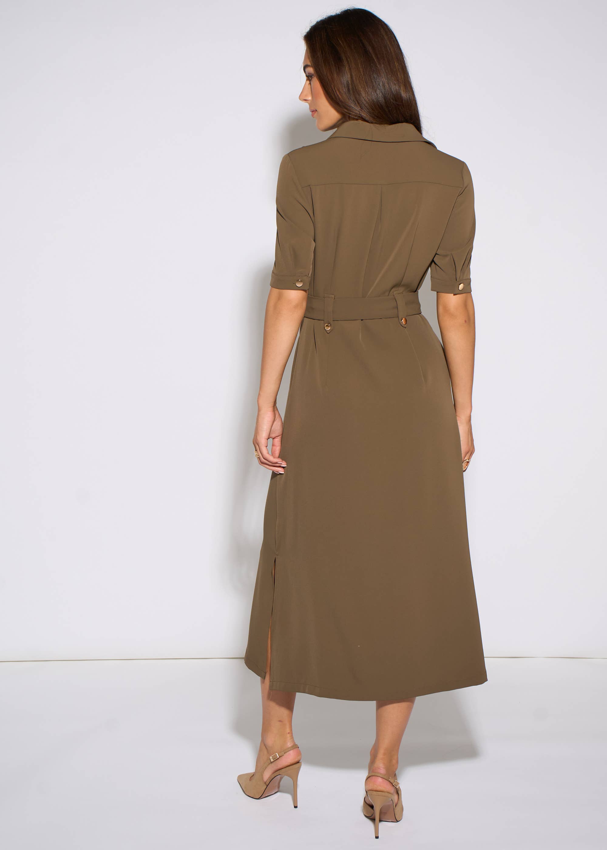 Taupe Gold Hardware Detail Utility Shirt Dress