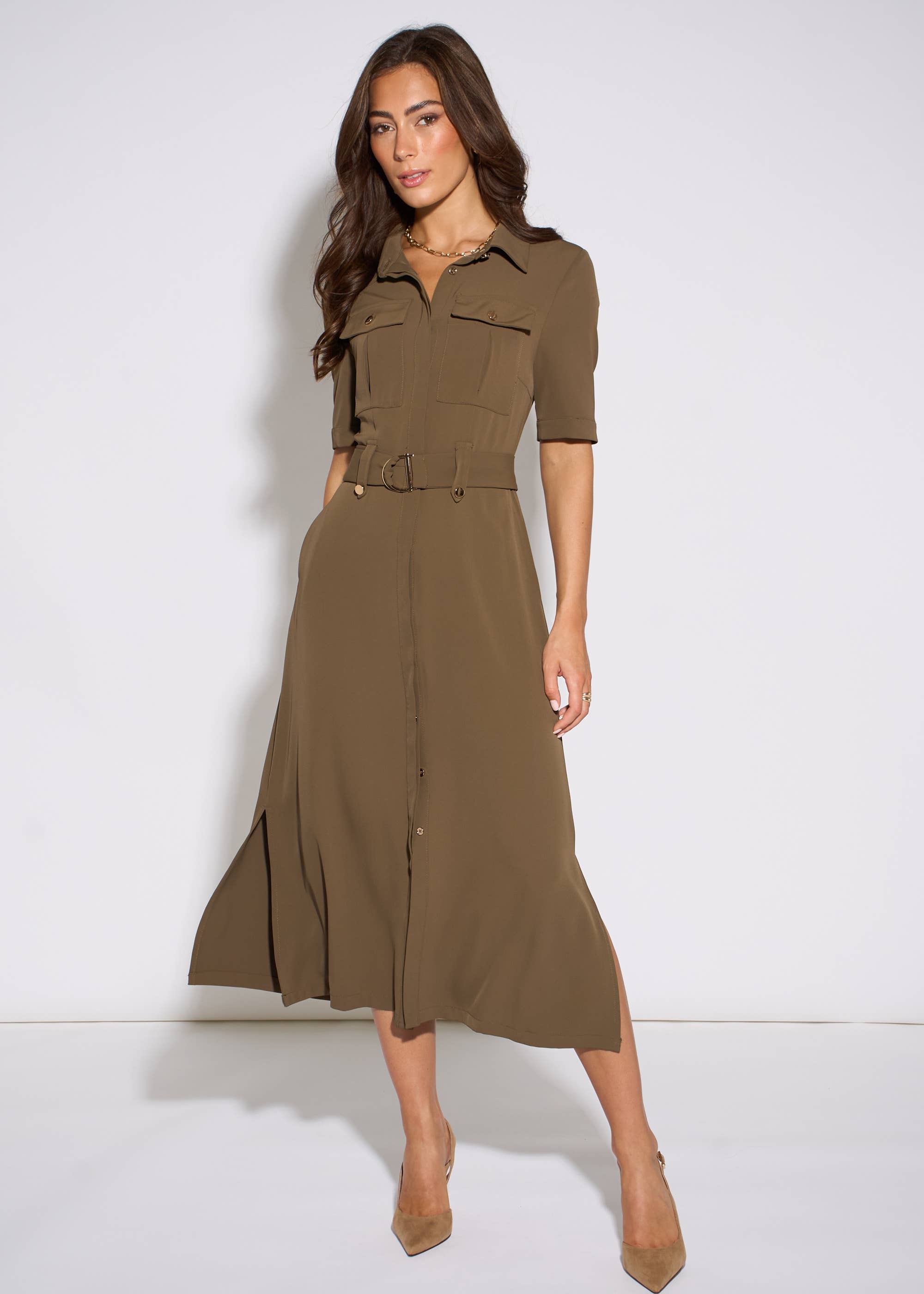 Taupe Gold Hardware Detail Utility Shirt Dress