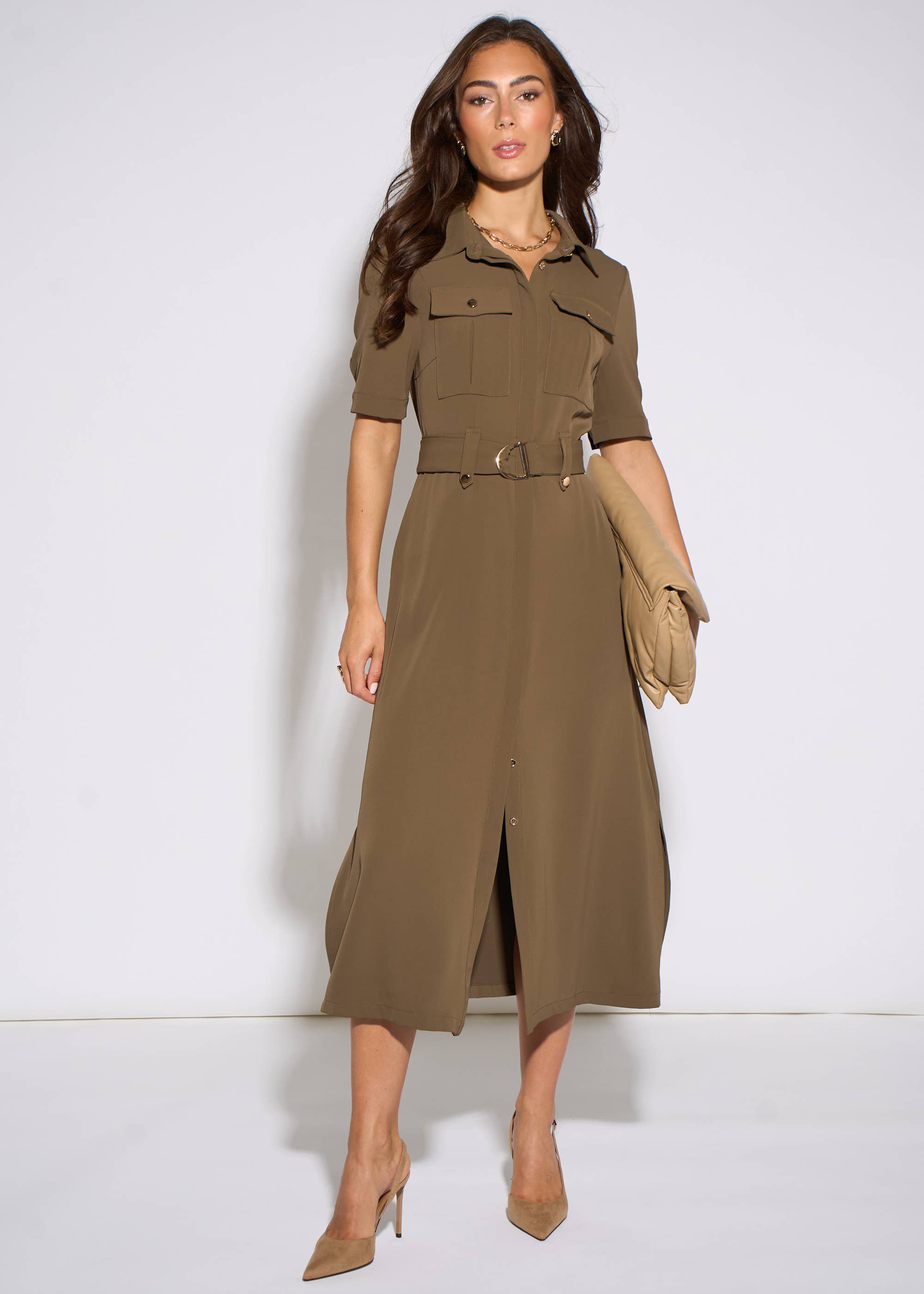 Taupe Gold Hardware Detail Utility Shirt Dress