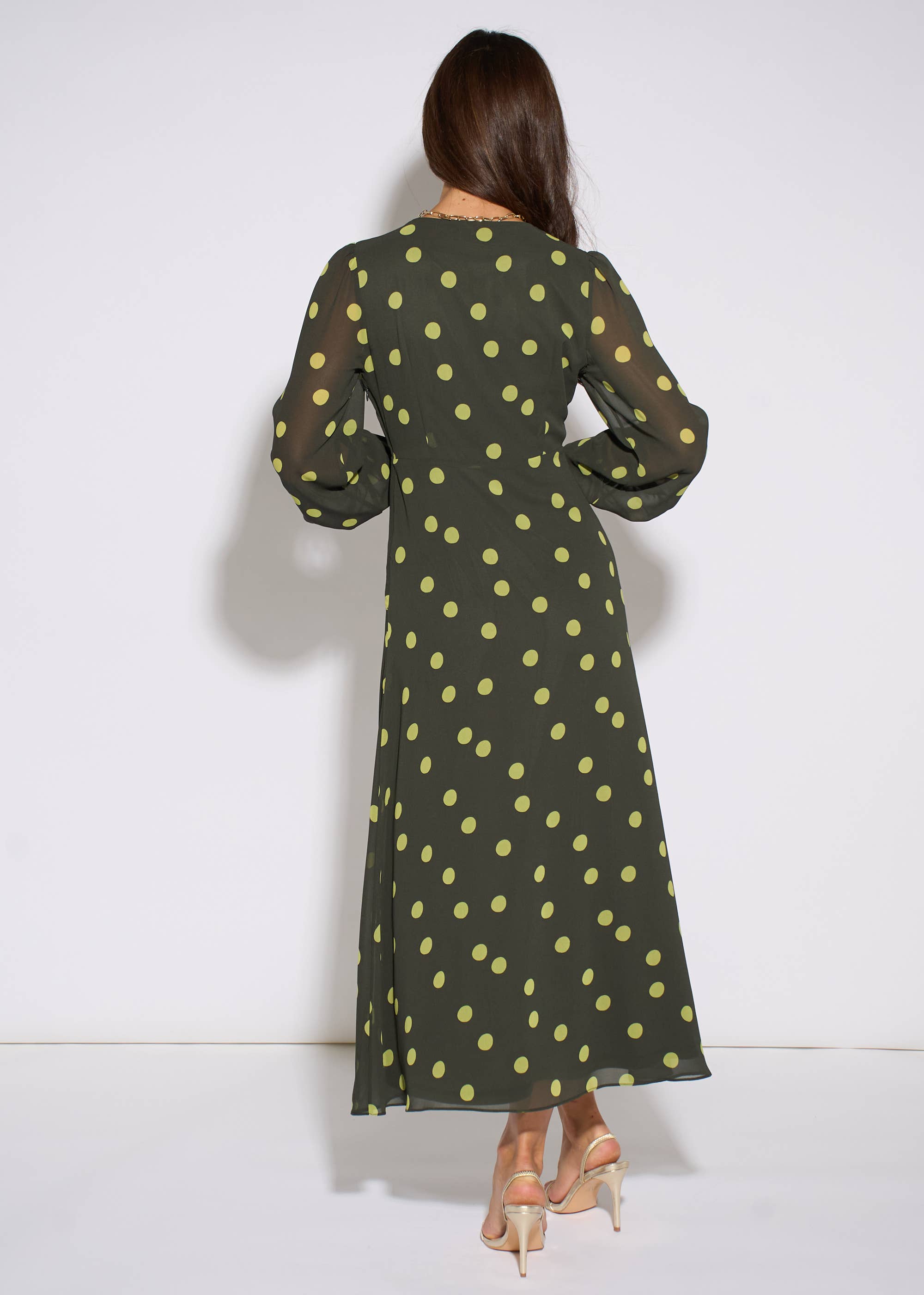 Green Lime Spot V Neck Midi Dress