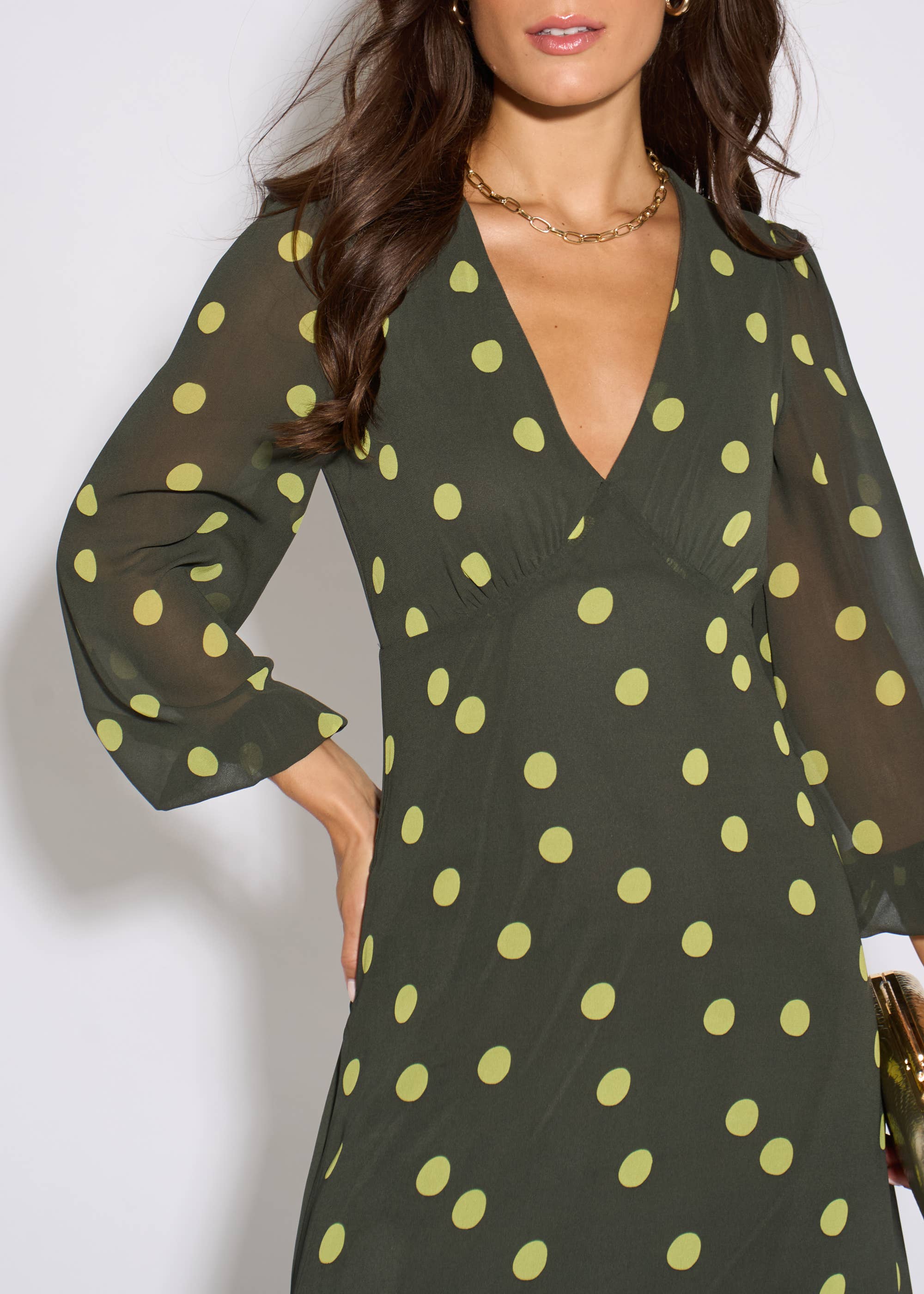Green Lime Spot V Neck Midi Dress