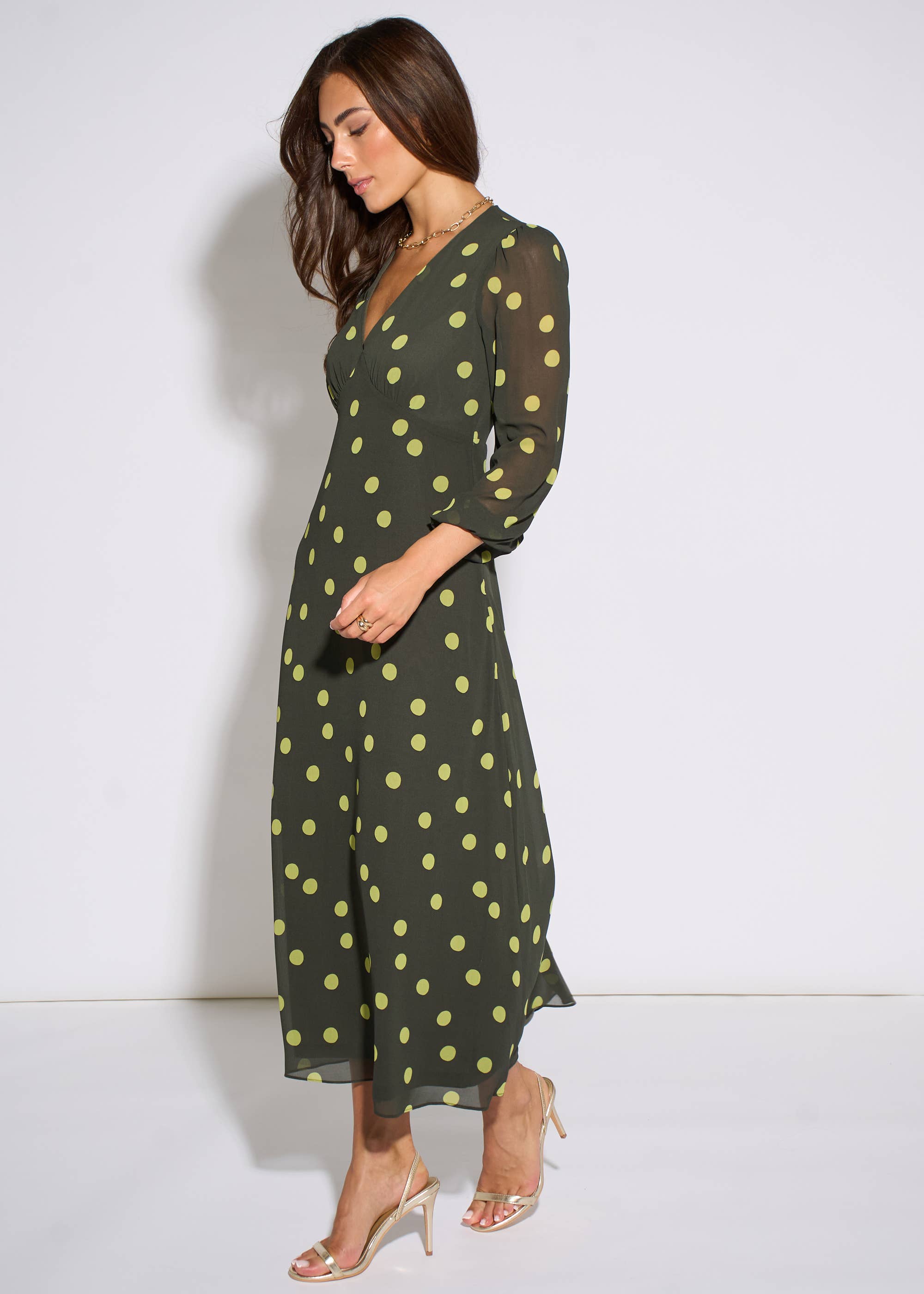 Green Lime Spot V Neck Midi Dress