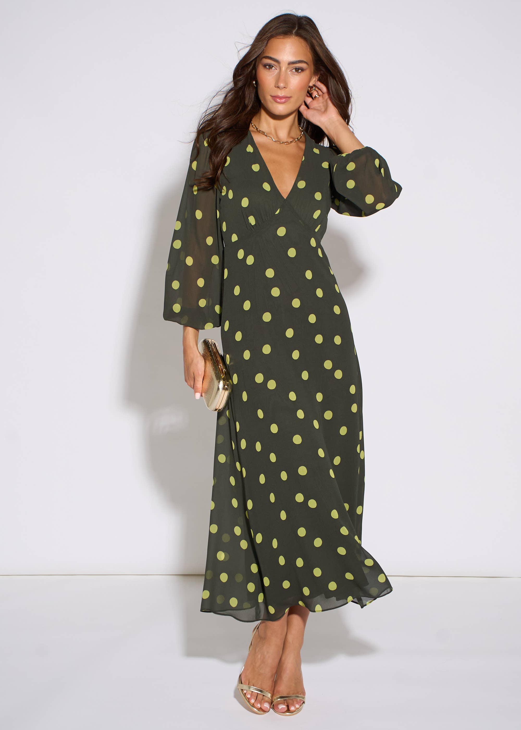 Green Lime Spot V Neck Midi Dress