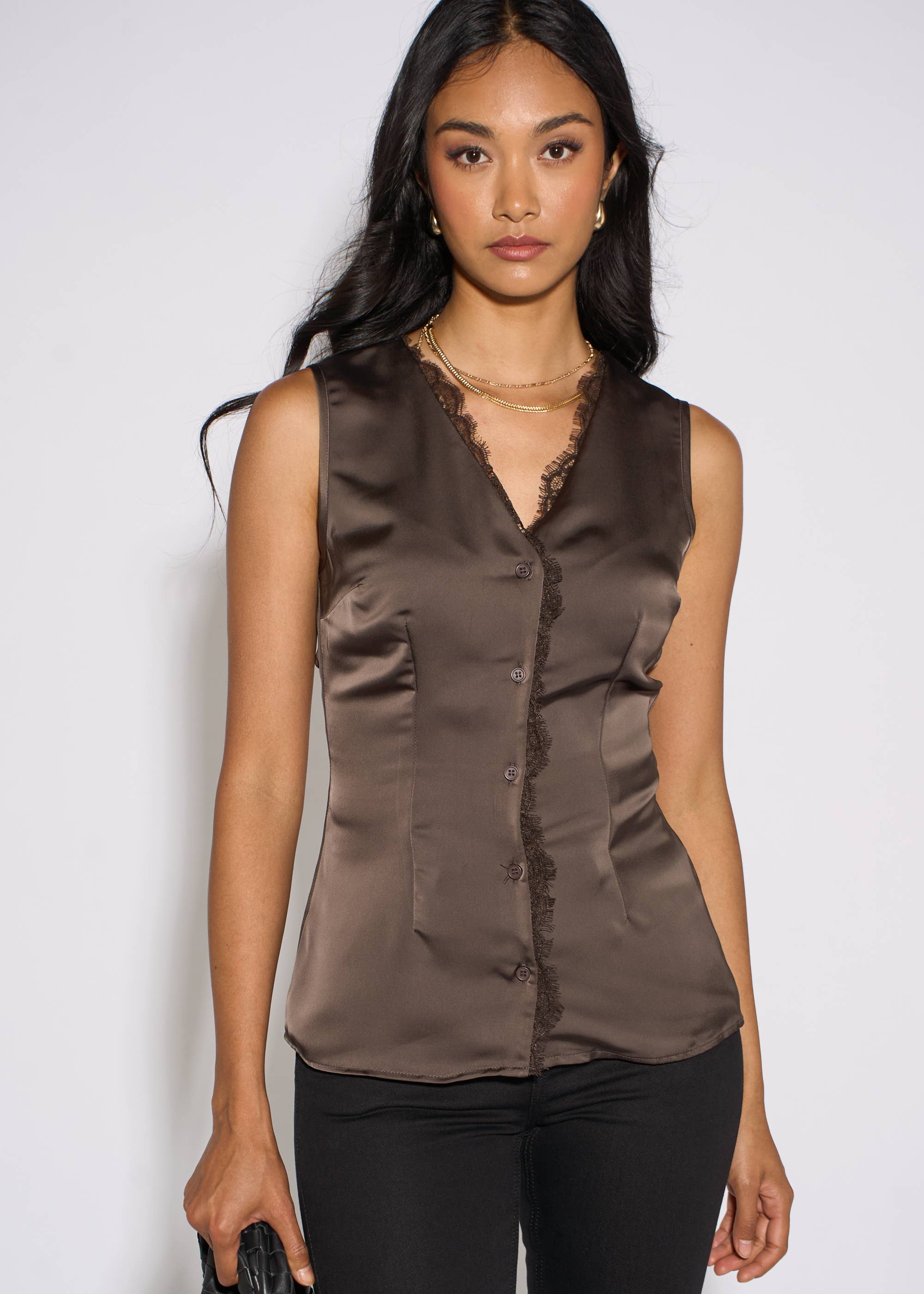 Brown Satin Sleeveless Waistcoat Top