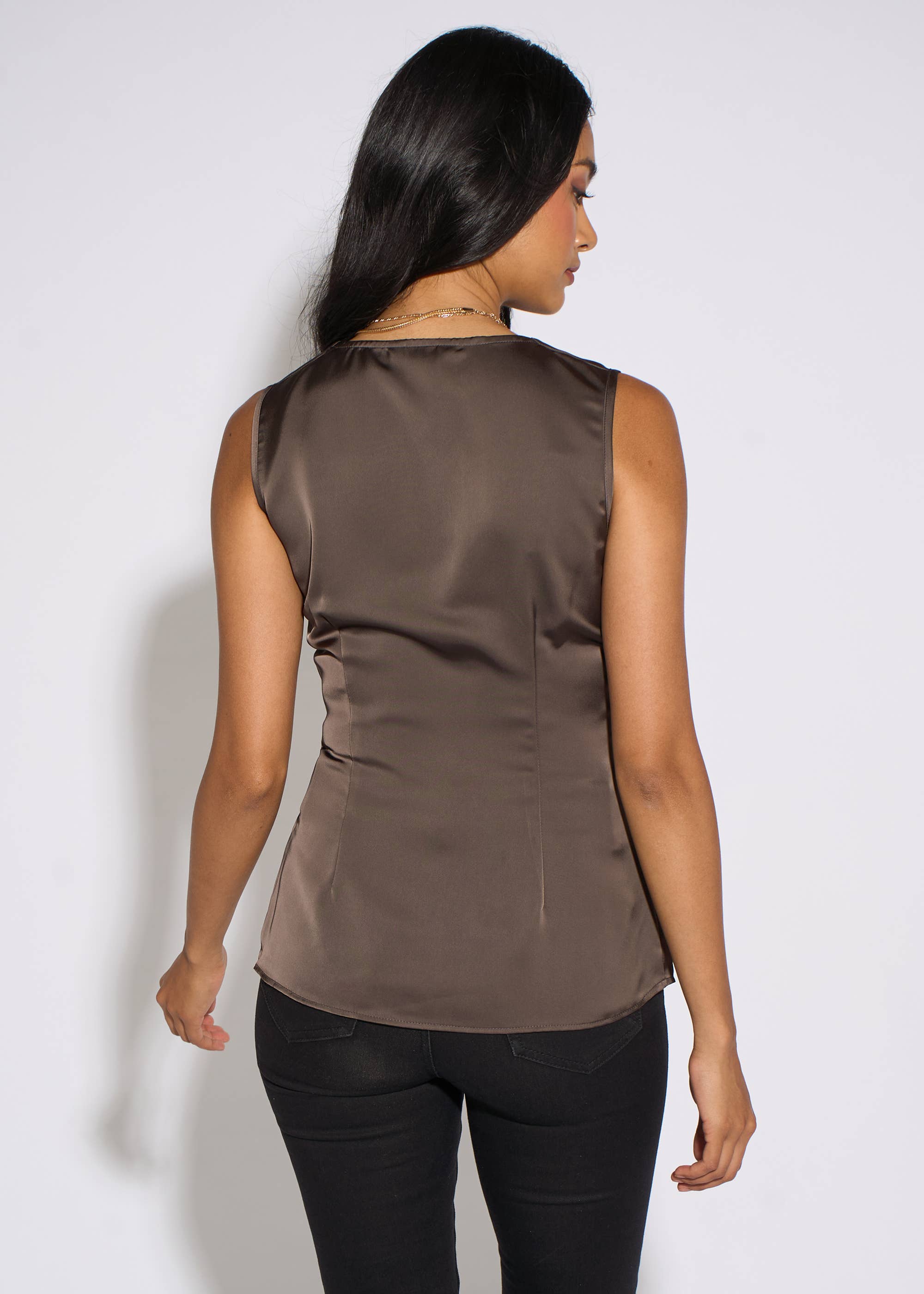 Brown Satin Sleeveless Waistcoat Top