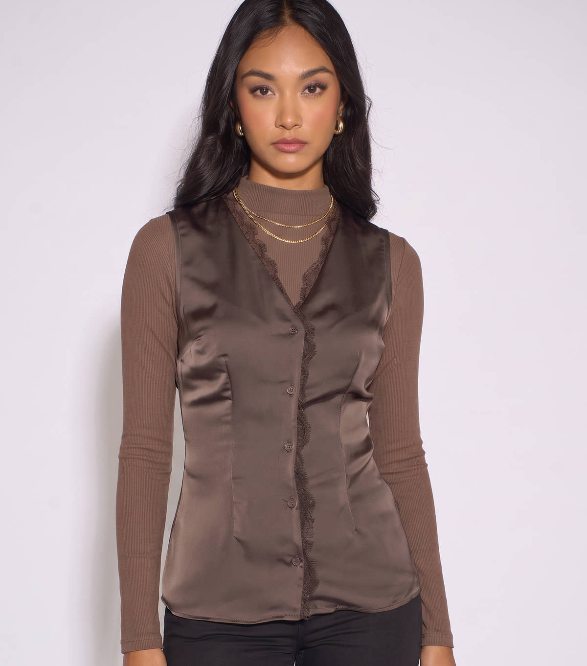 Brown Satin Sleeveless Waistcoat Top