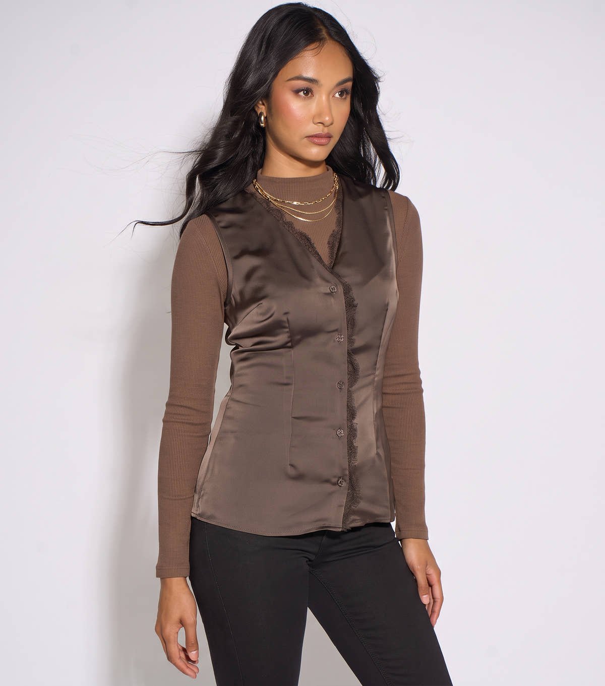 Brown Satin Sleeveless Waistcoat Top