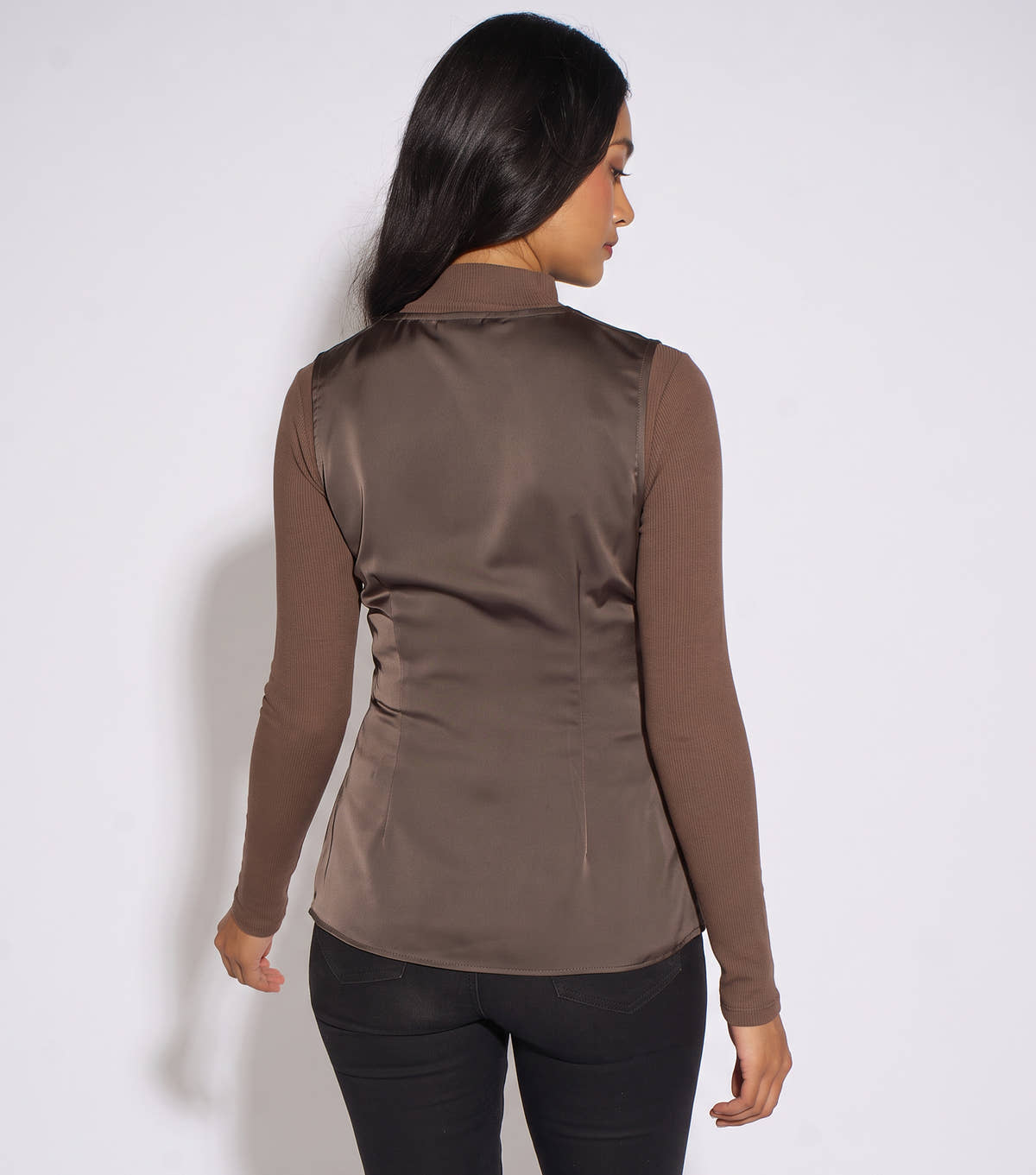 Brown Satin Sleeveless Waistcoat Top