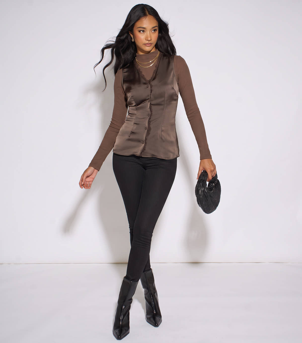 Brown Satin Sleeveless Waistcoat Top