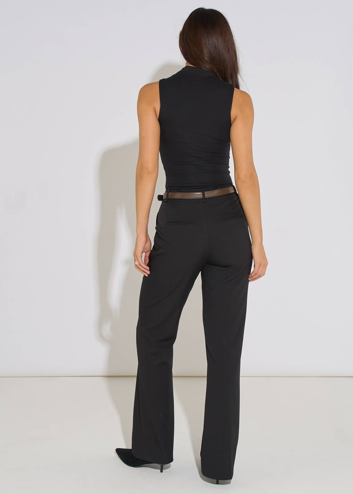 Black Wide Leg Belted Tailoring Trouser– View 2 | Gini London