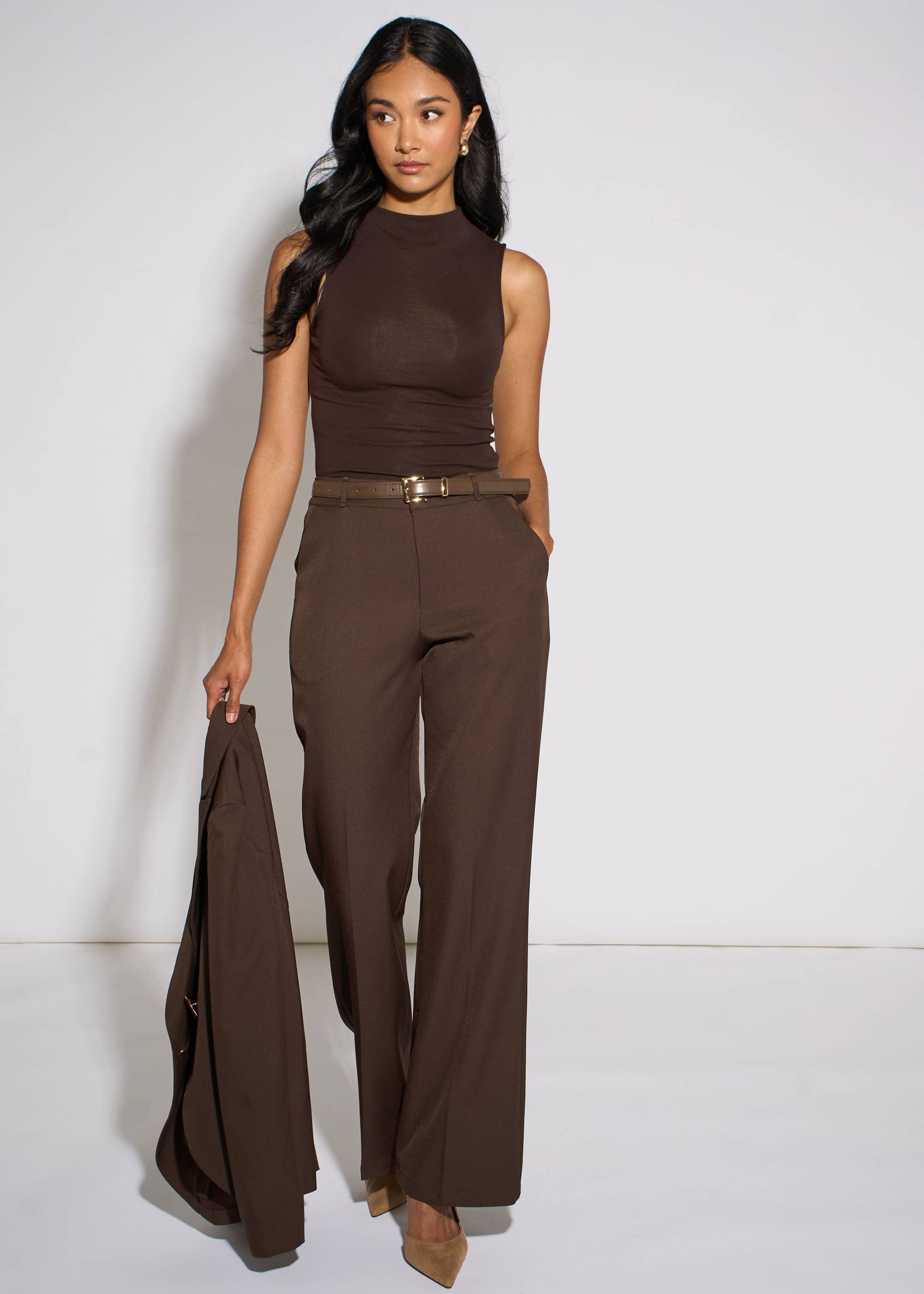Brown Wide Leg Belted Tailoring Trouser