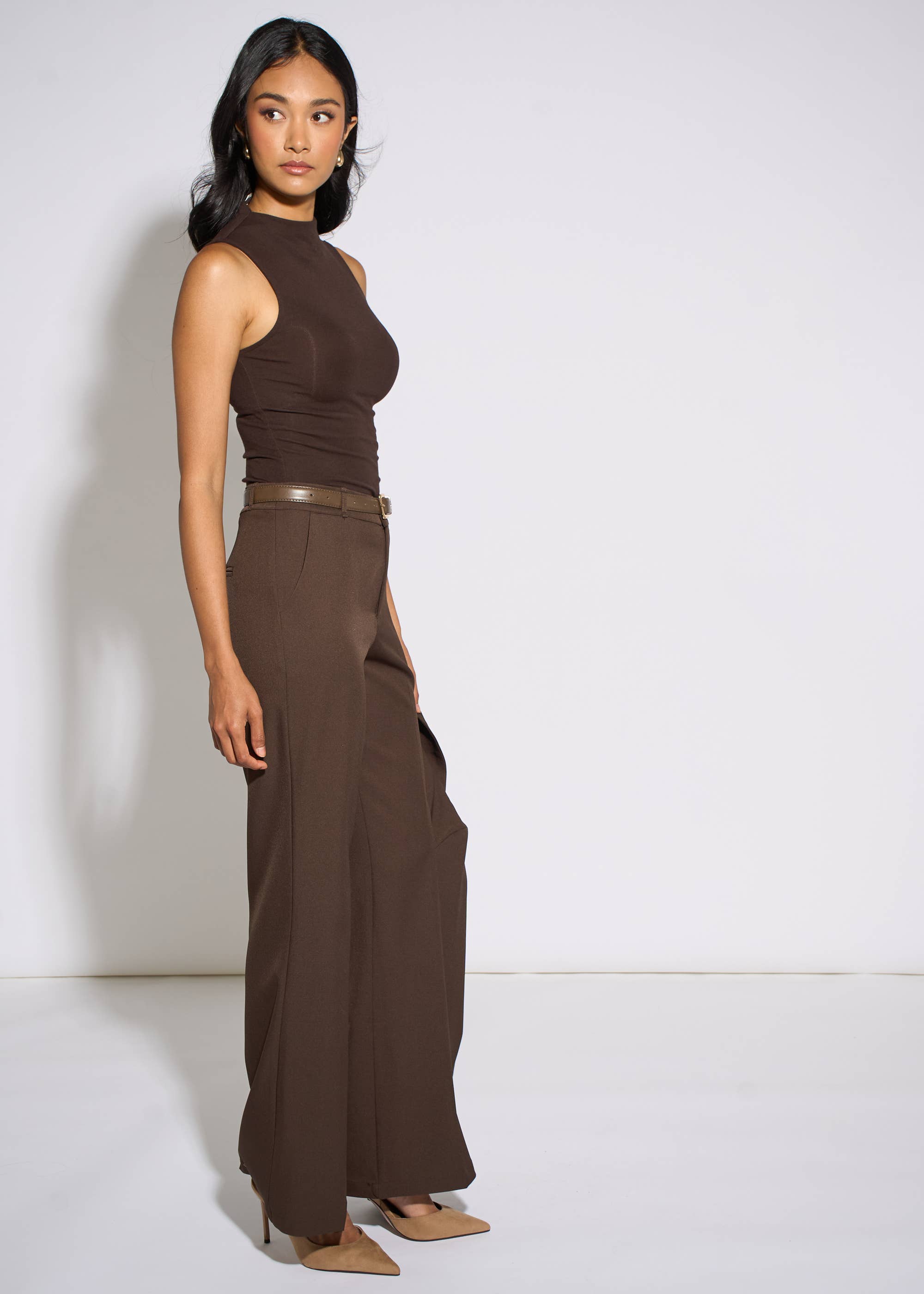 Brown Wide Leg Belted Tailoring Trouser