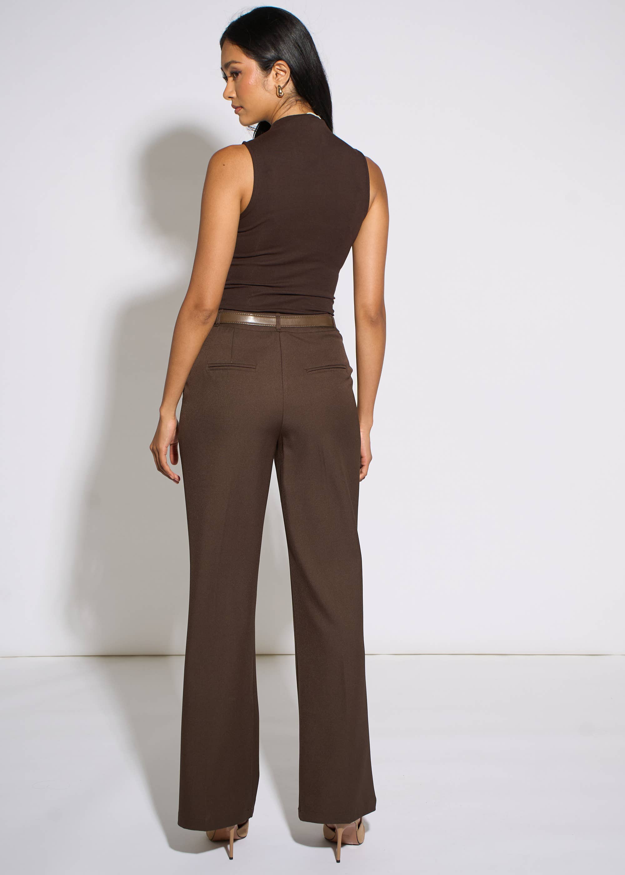 Brown Wide Leg Belted Tailoring Trouser