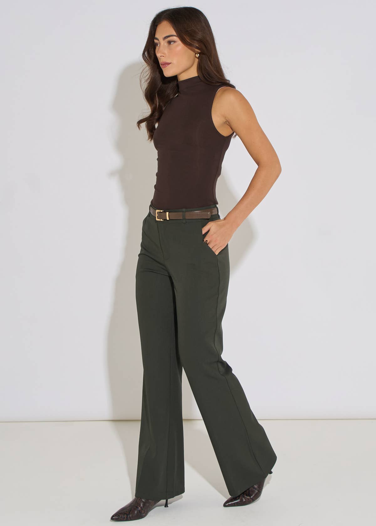 Green Wide Leg Belted Tailoring Trouser– View 4 | Gini London