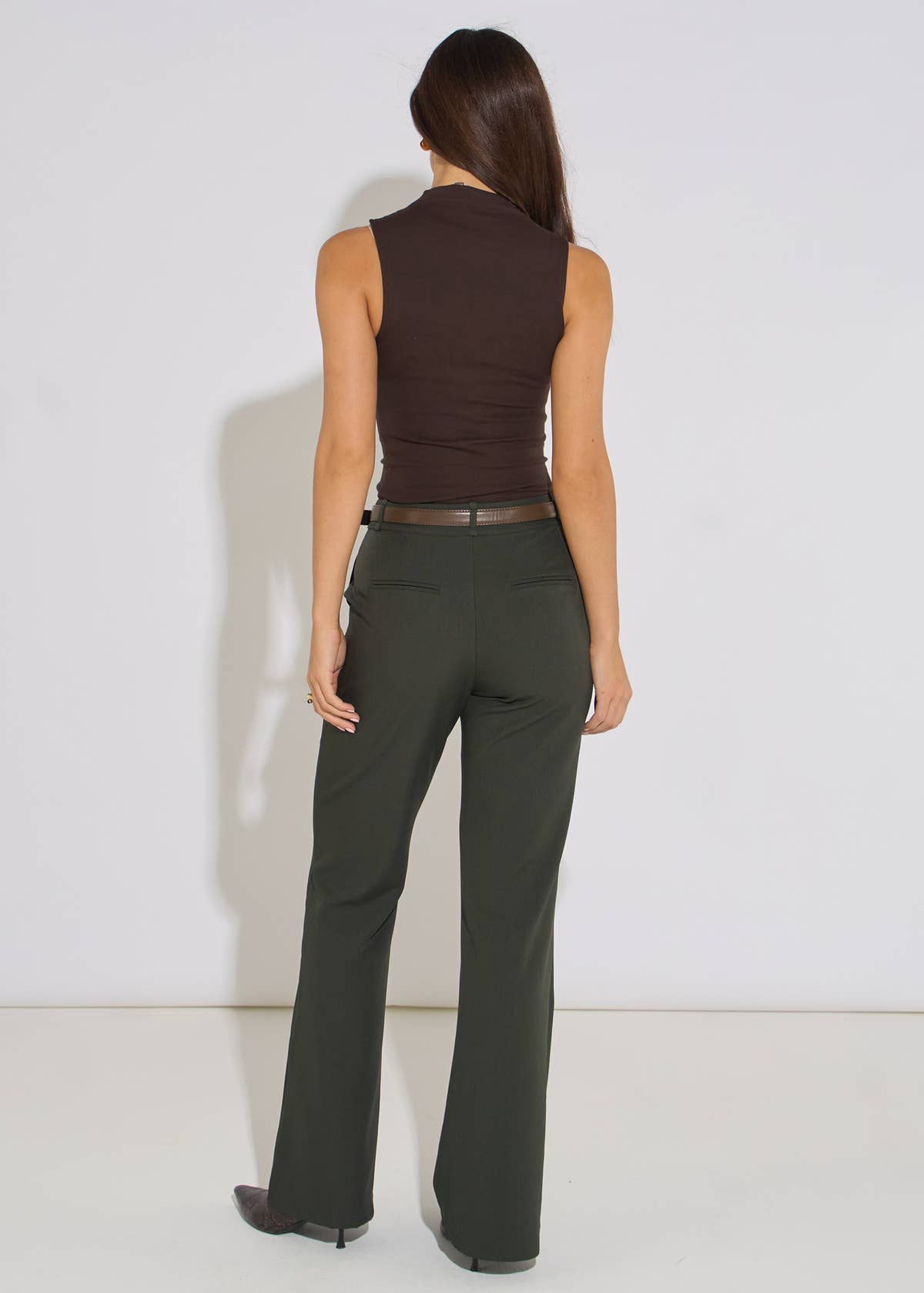 Green Wide Leg Belted Tailoring Trouser– View 2 | Gini London