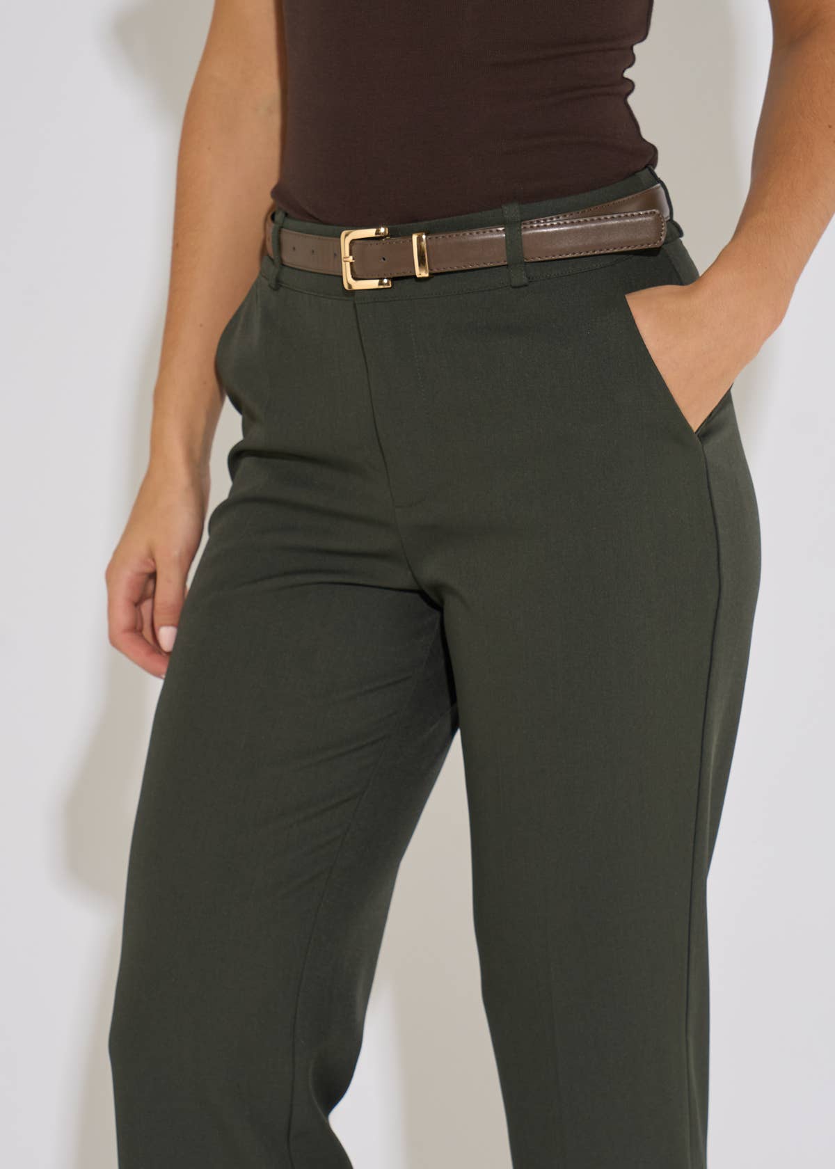 Green Wide Leg Belted Tailoring Trouser– View 3 | Gini London