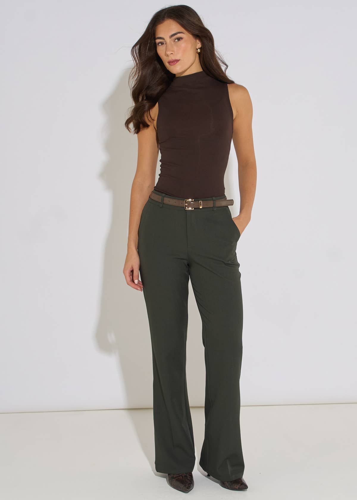 Green Wide Leg Belted Tailoring Trouser– View 1 | Gini London