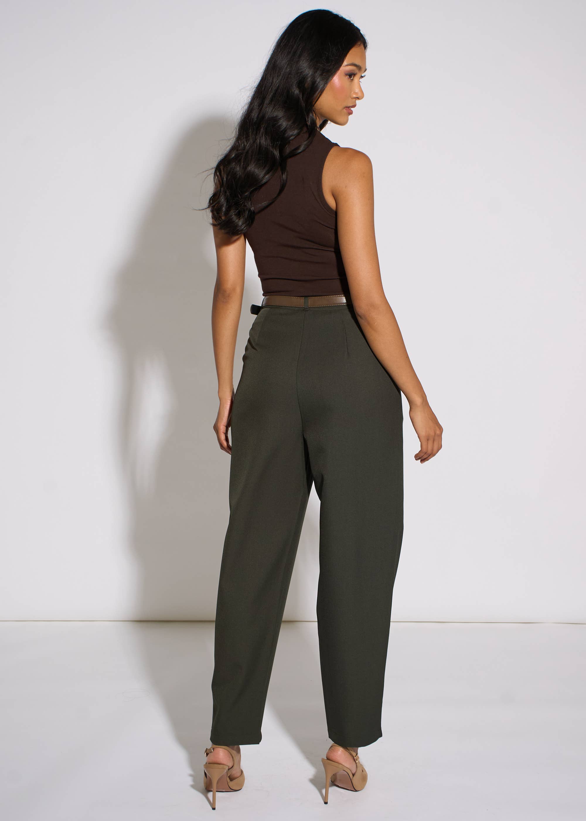 Dark Green Tapered Belted Trouser