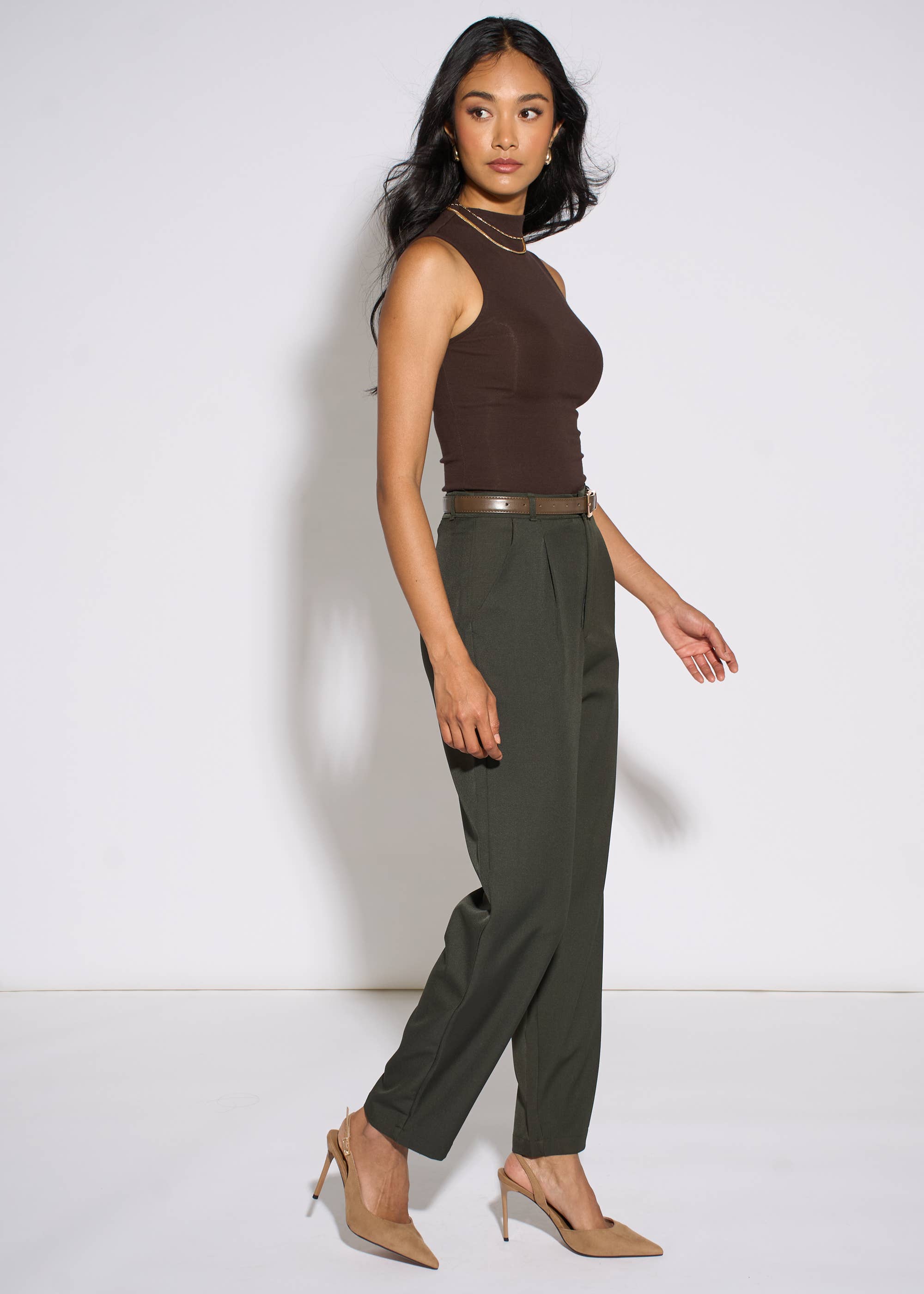 Dark Green Tapered Belted Trouser