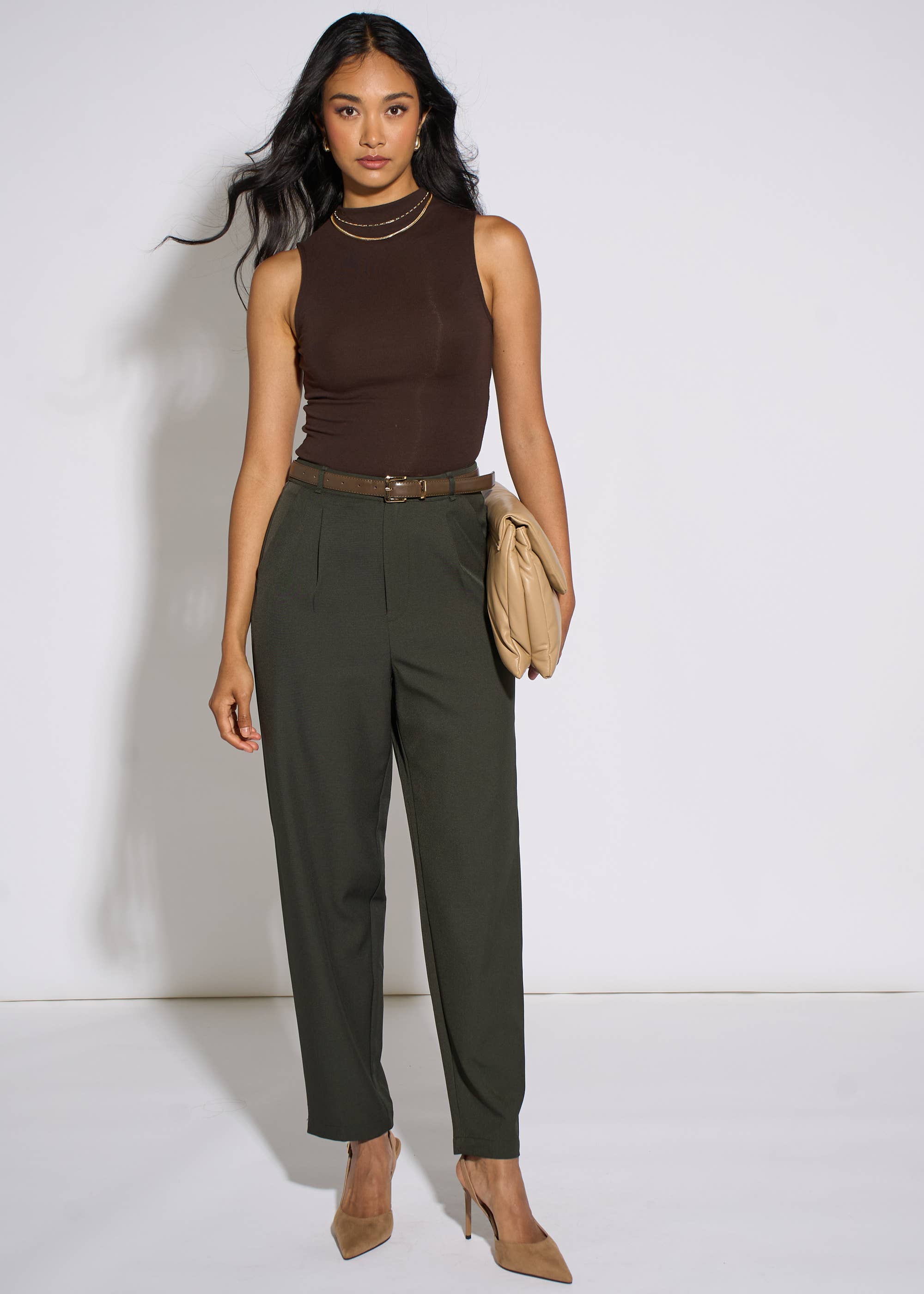 Dark Green Tapered Belted Trouser