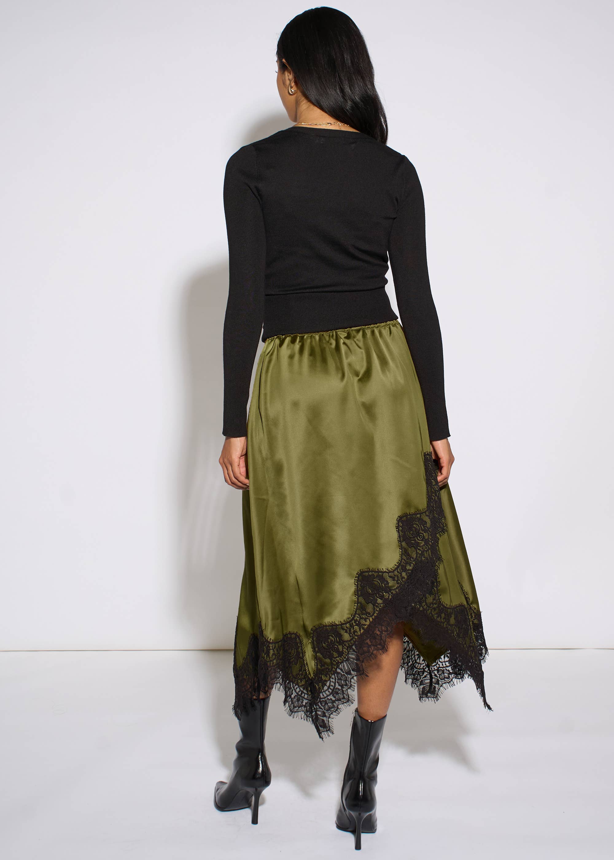 Khaki Satin Asymmetric Hem Contrast Lace Skirt