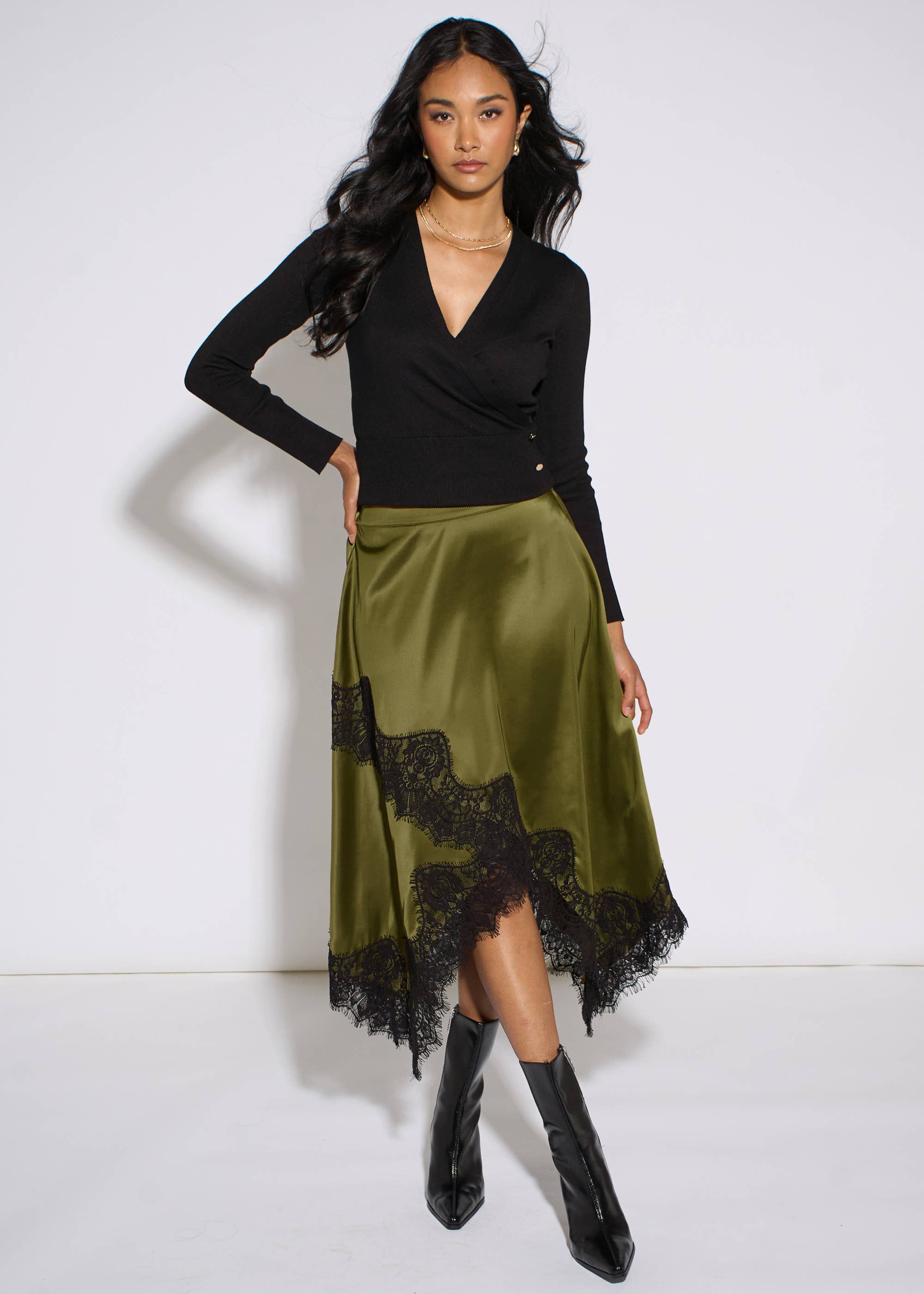 Khaki Satin Asymmetric Hem Contrast Lace Skirt