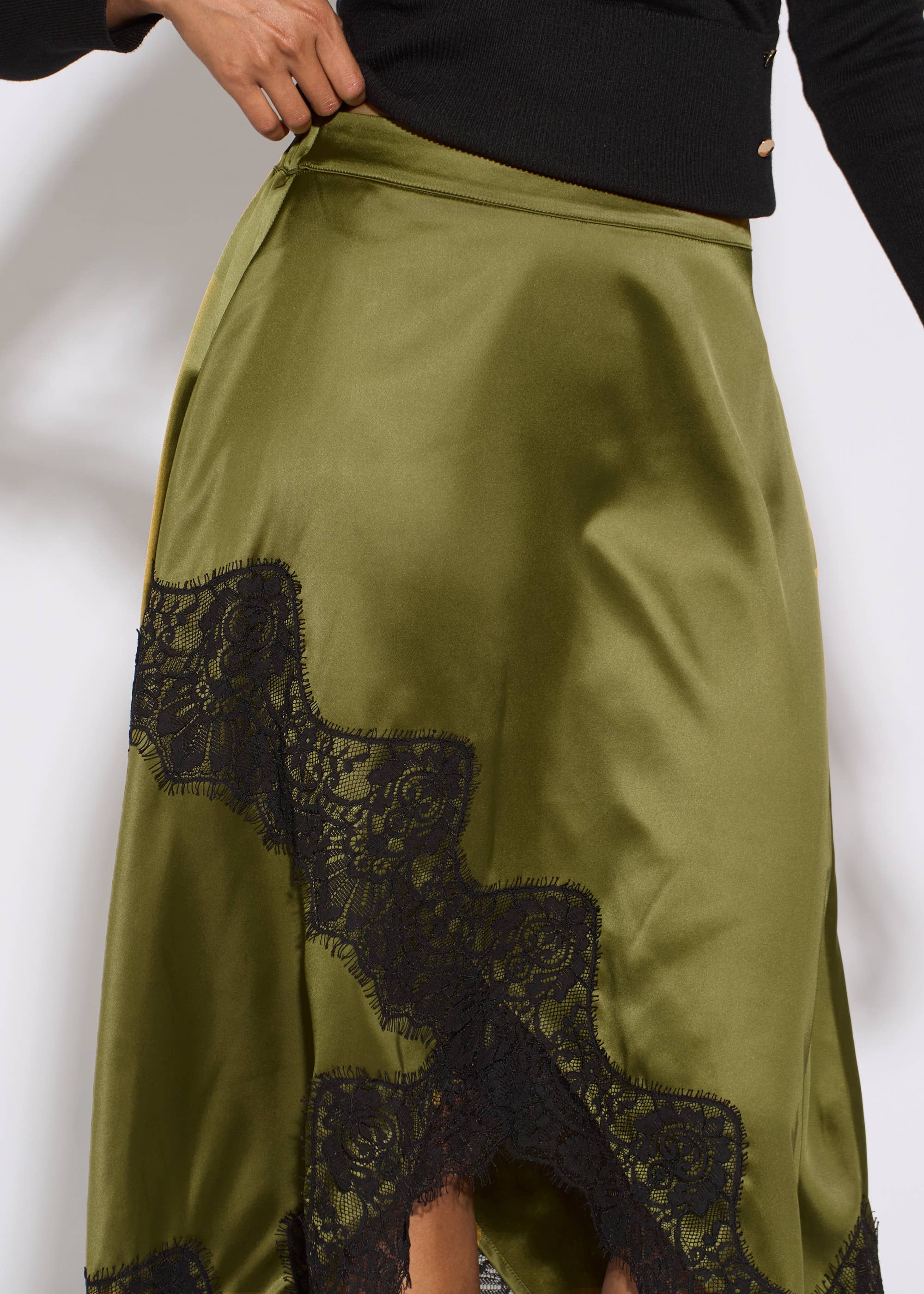 Khaki Satin Asymmetric Hem Contrast Lace Skirt