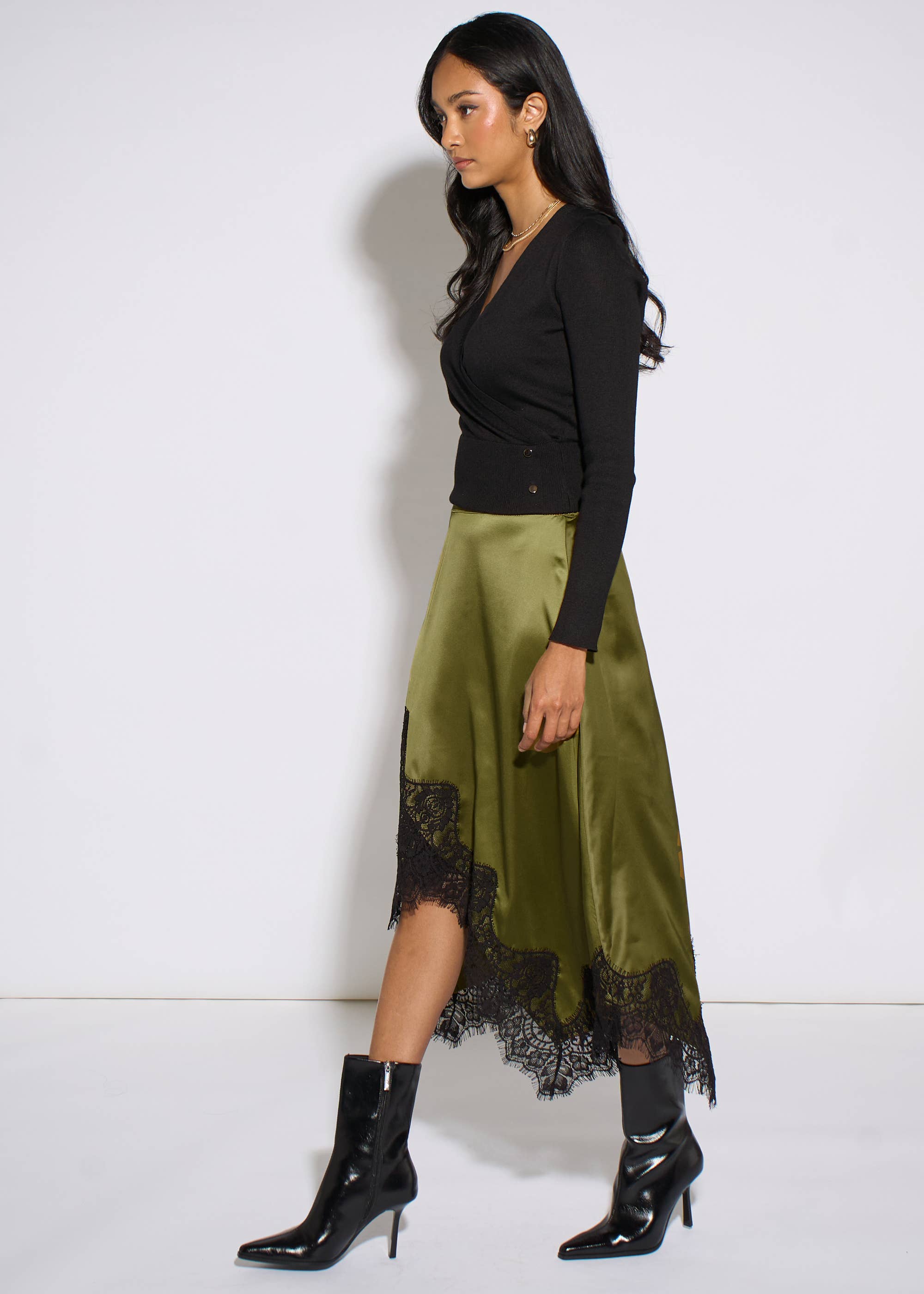 Khaki Satin Asymmetric Hem Contrast Lace Skirt