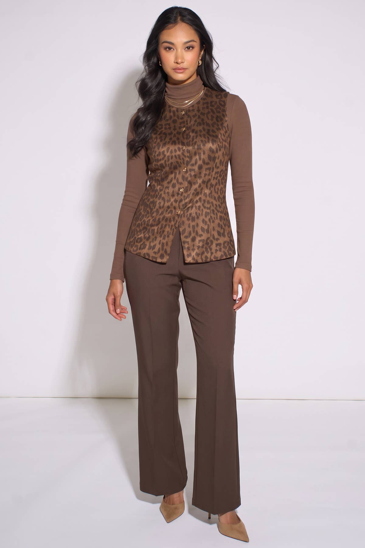 Brown Animal Print Button Waistcoat Top