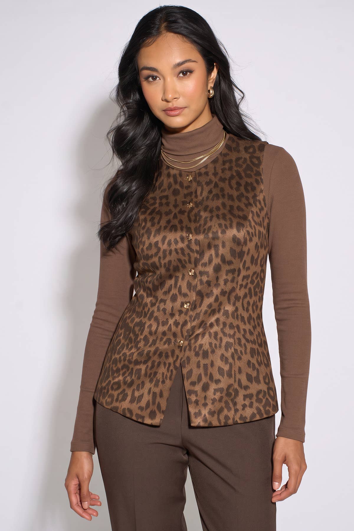 Brown Animal Print Button Waistcoat Top
