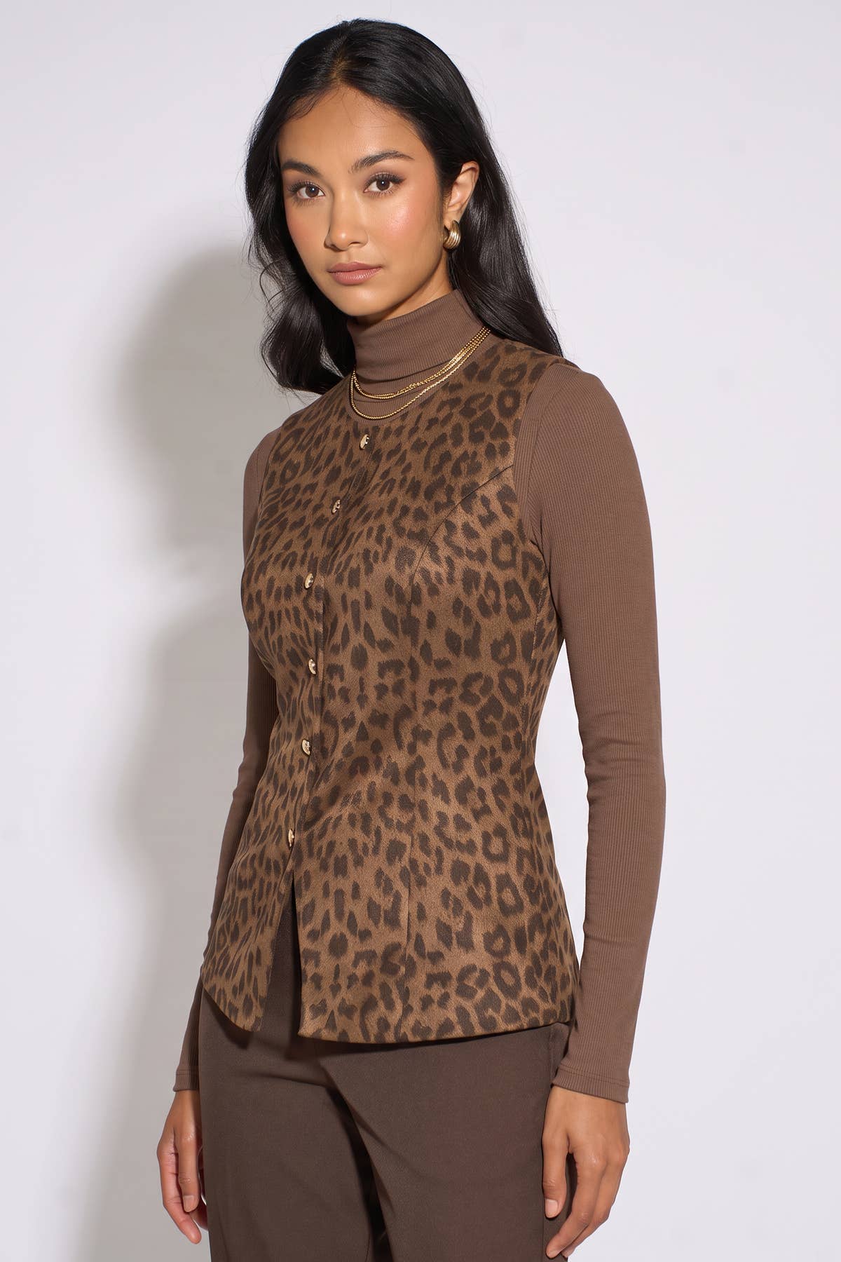 Brown Animal Print Button Waistcoat Top