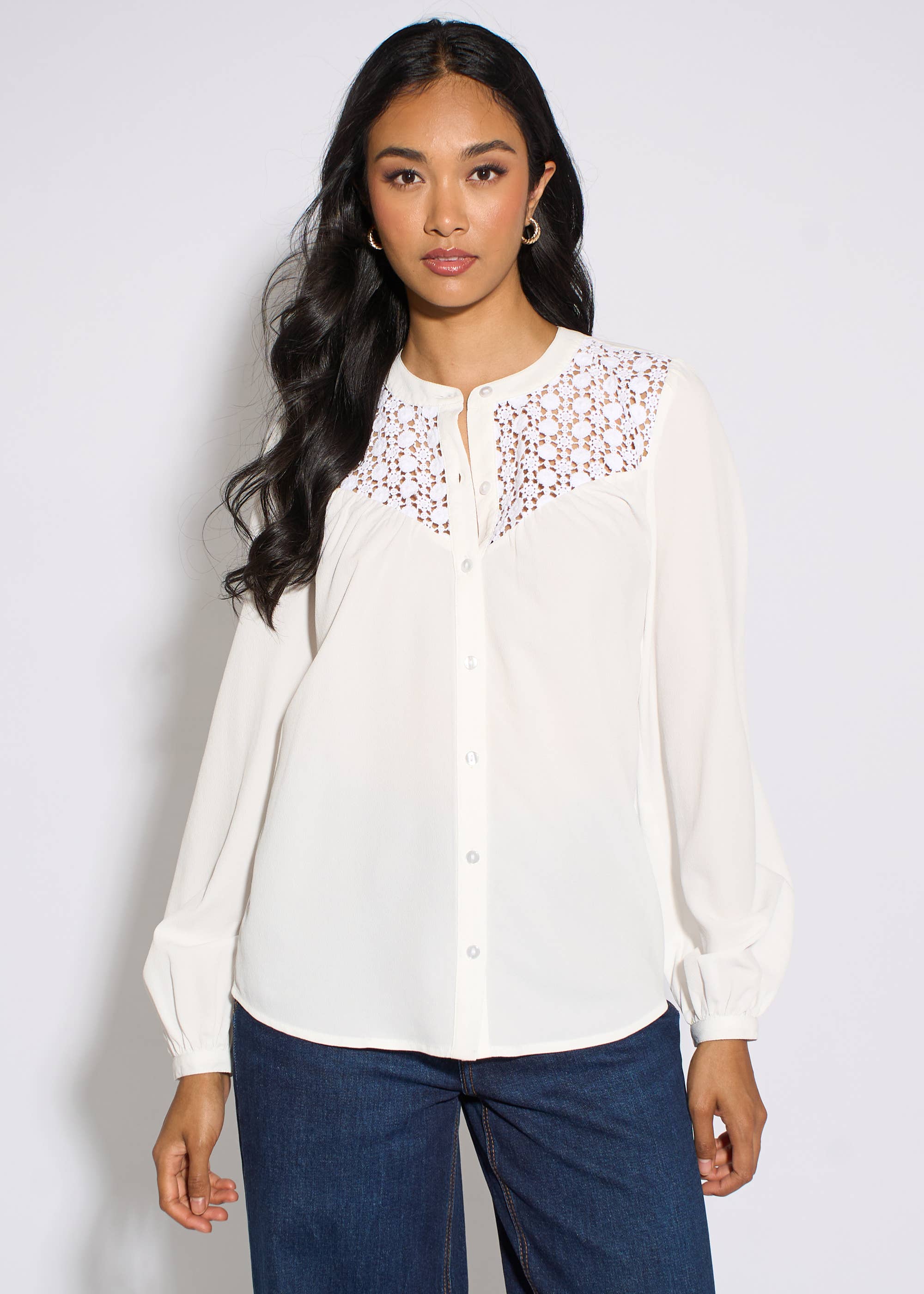 White Long Sleeve Broderie Cotton Top Blouse