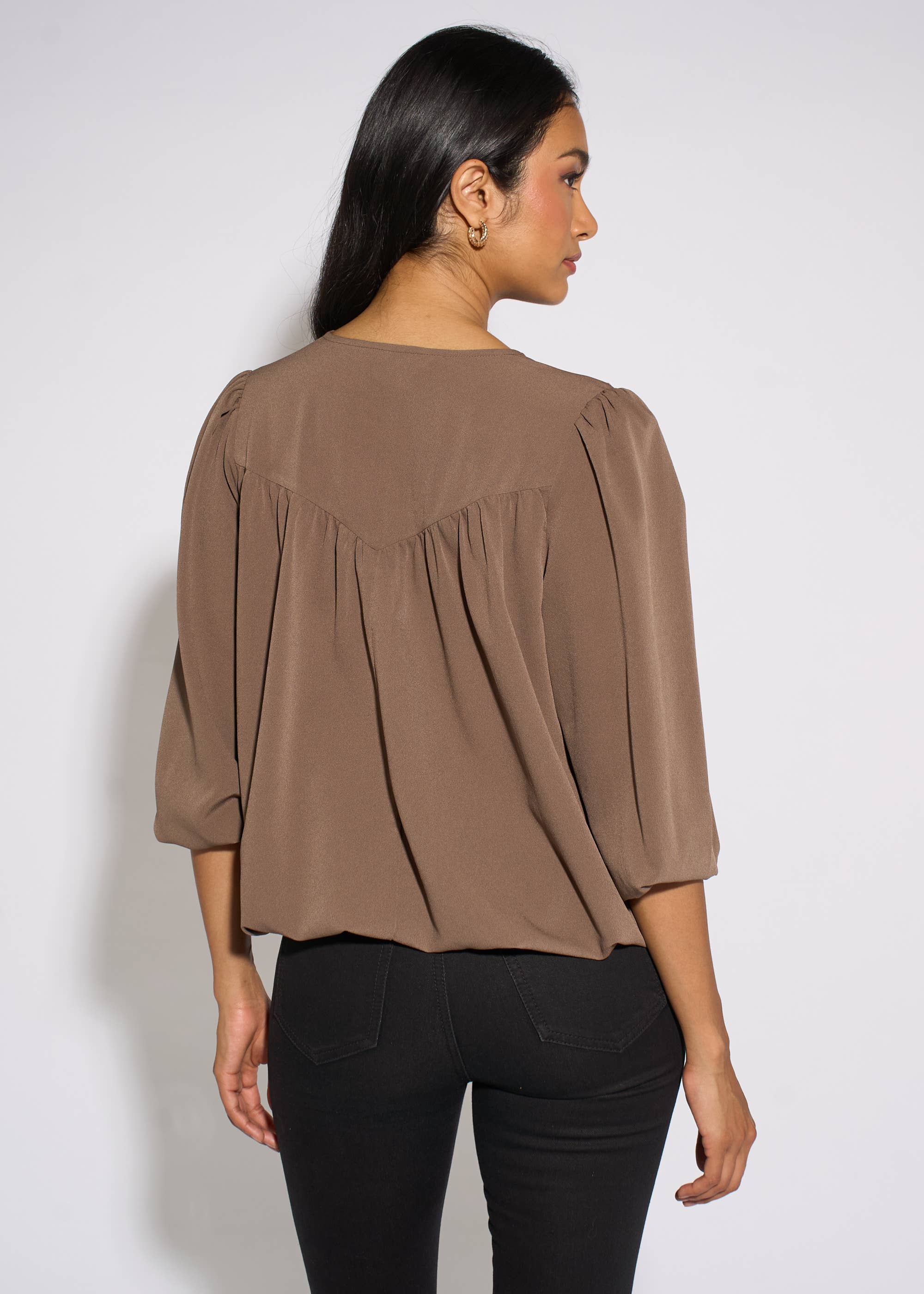 Mocha Lace Trim Bubble Hem Blouse