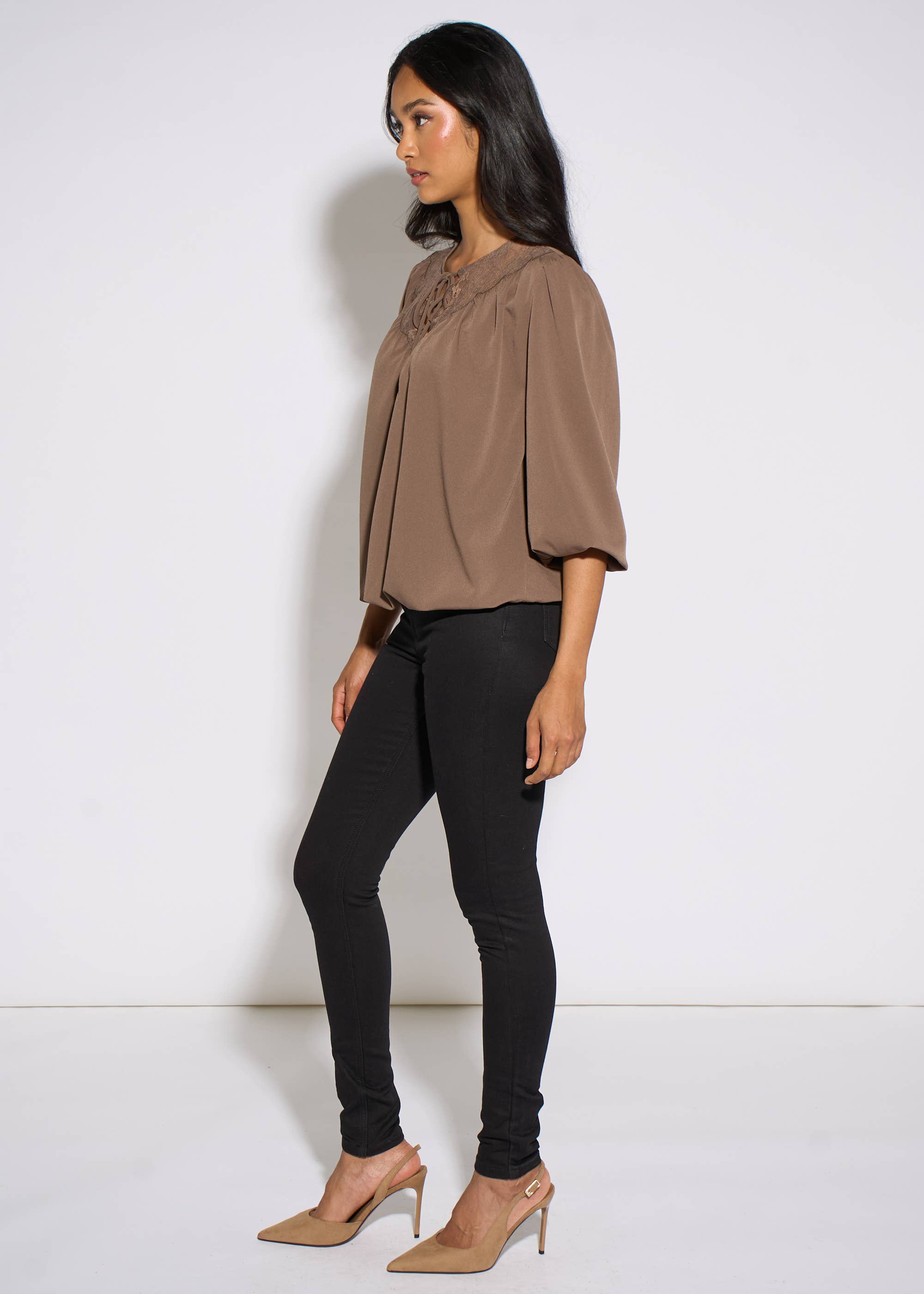 Mocha Lace Trim Bubble Hem Blouse