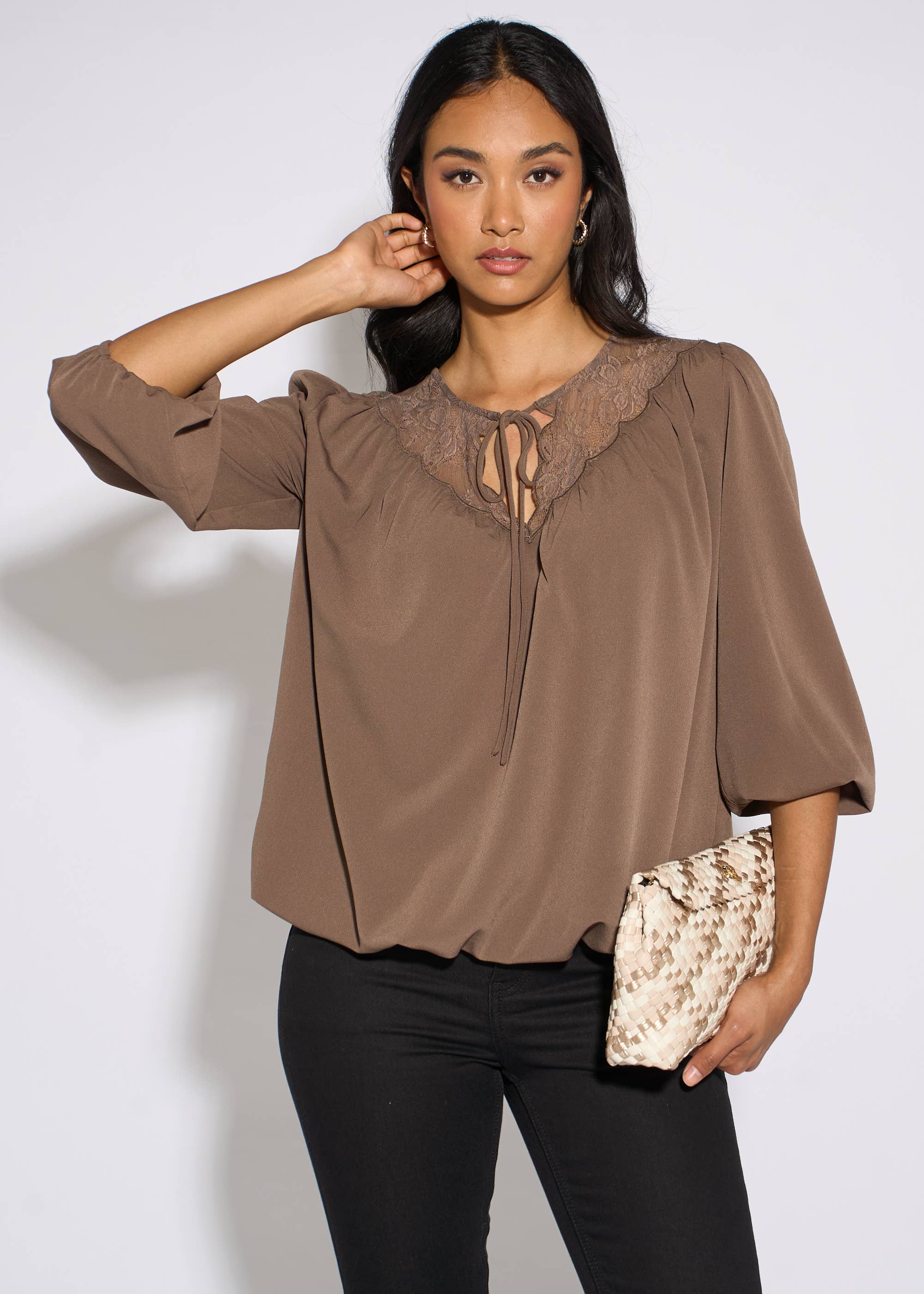 Mocha Lace Trim Bubble Hem Blouse