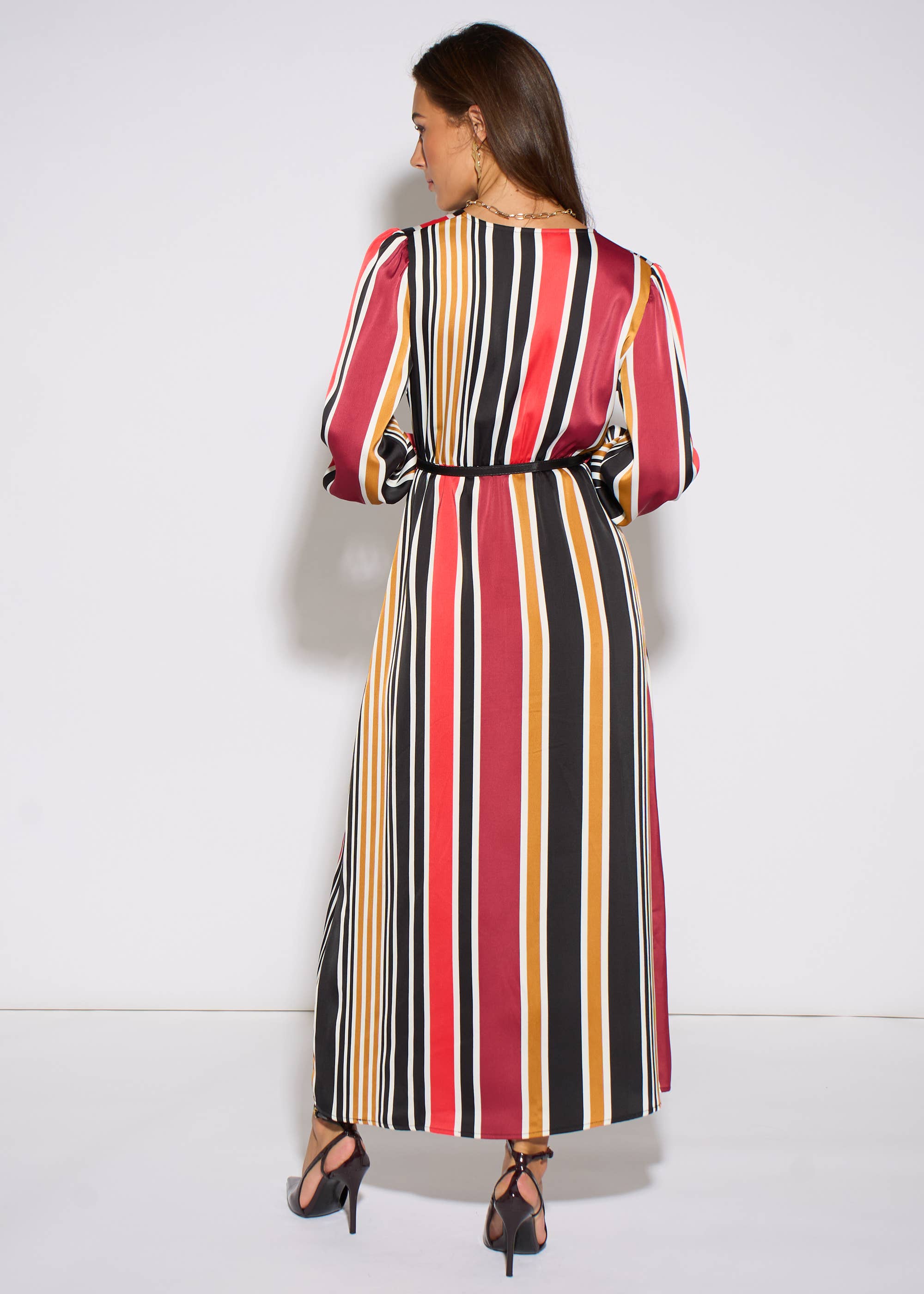 Multi Stripe Satin Wrap Midaxi Dress
