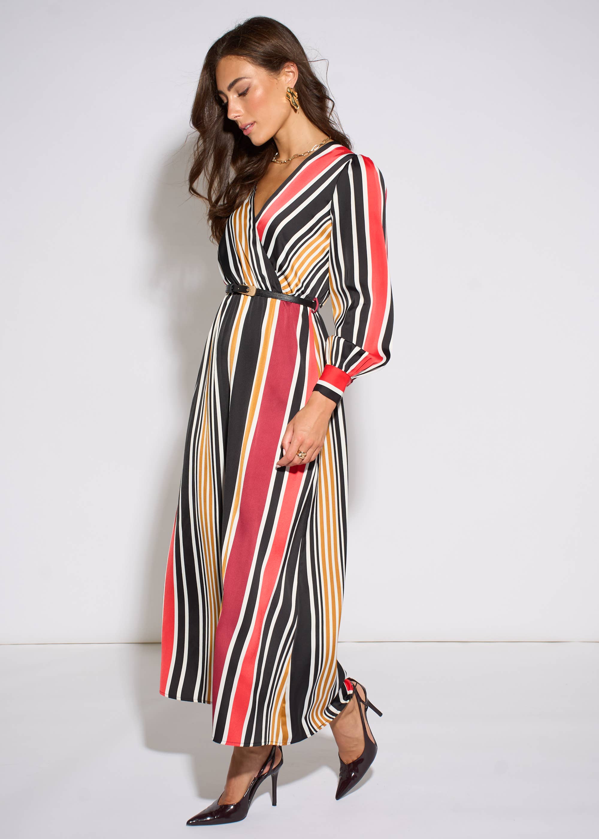 Multi Stripe Satin Wrap Midaxi Dress