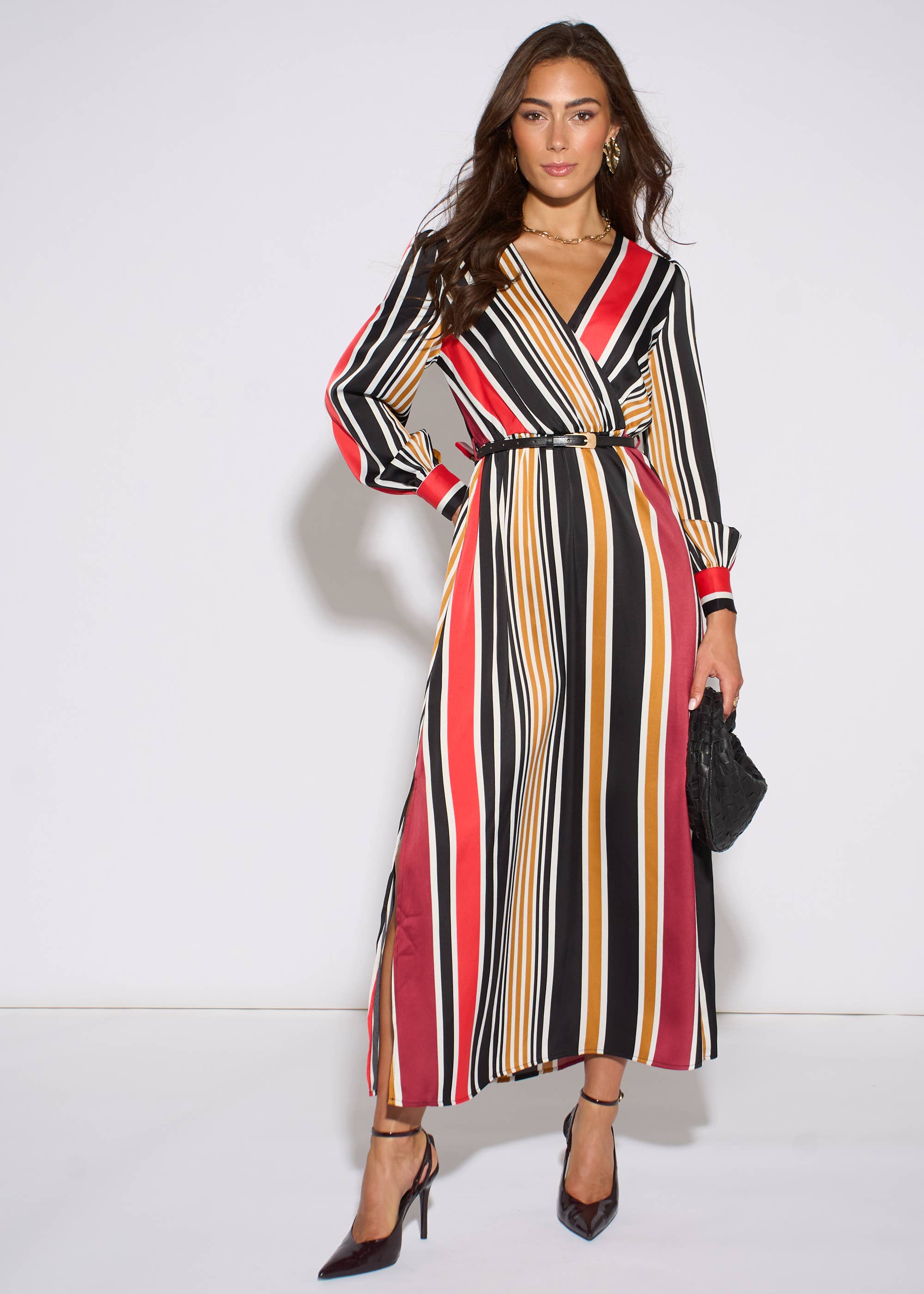 Multi Stripe Satin Wrap Midaxi Dress