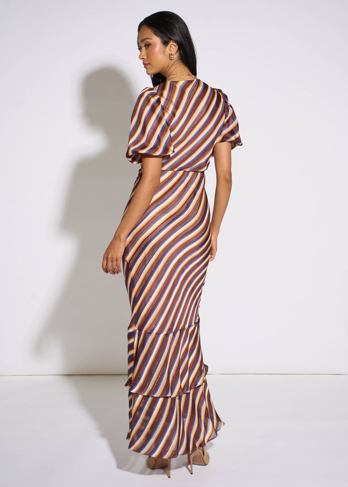 Brown Stripe Sparkle Chiffon Maxi Dress