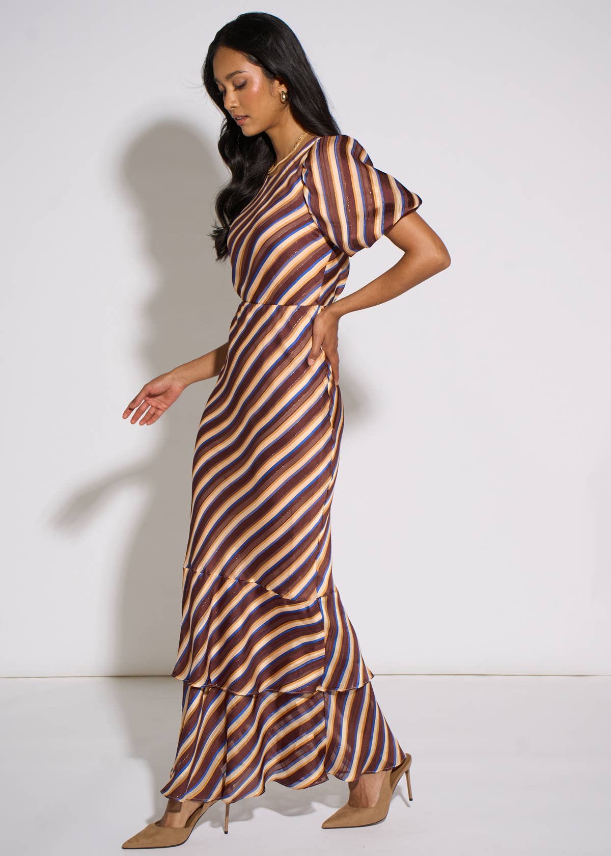 Brown Stripe Sparkle Chiffon Maxi Dress