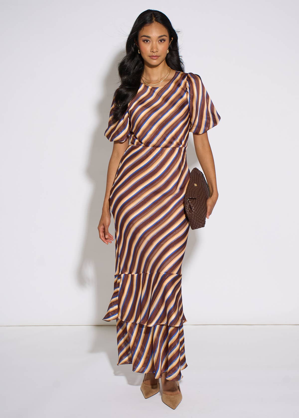 Brown Stripe Sparkle Chiffon Maxi Dress