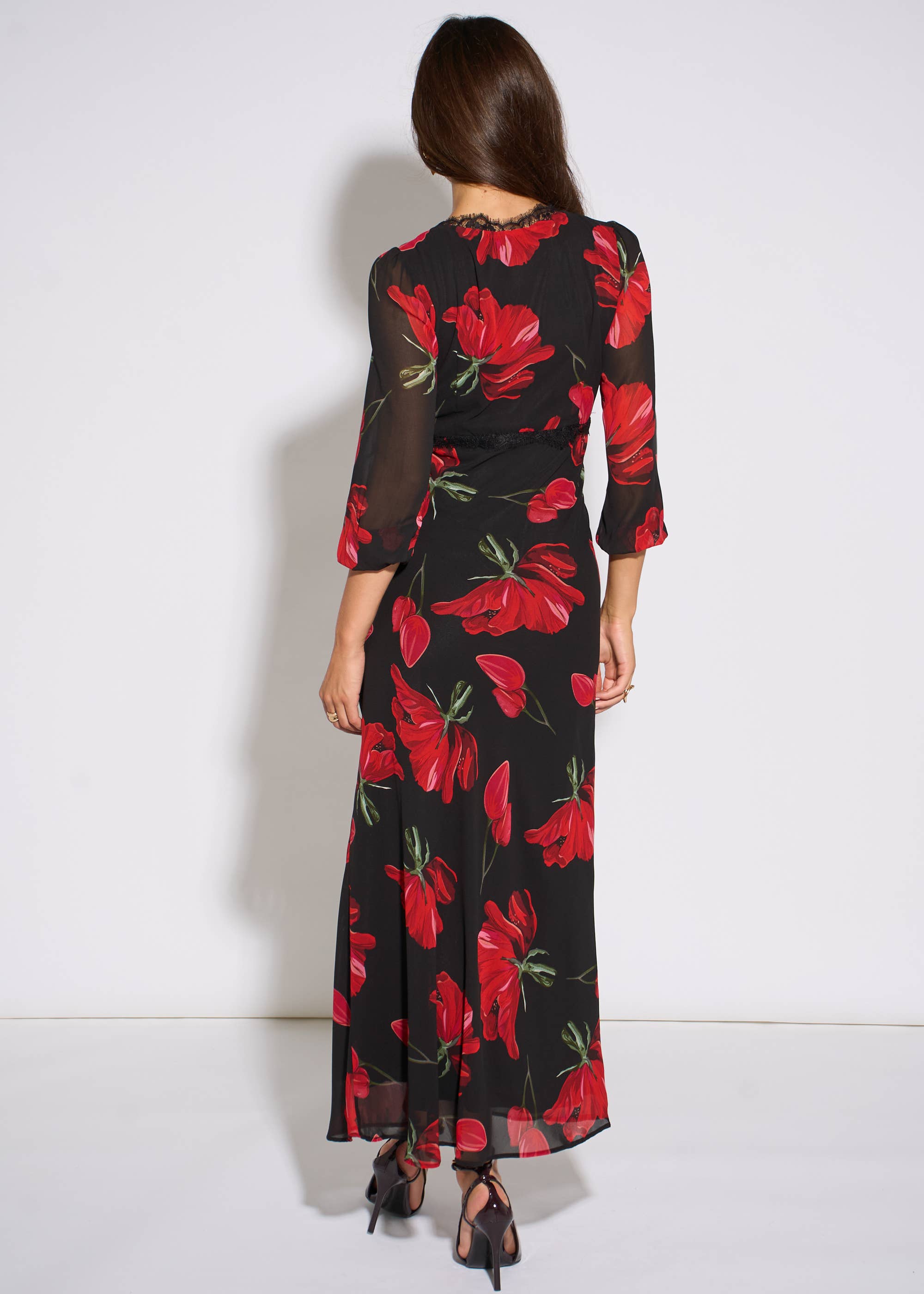 Black Base Red Bloom Lace Trim Midi Dress