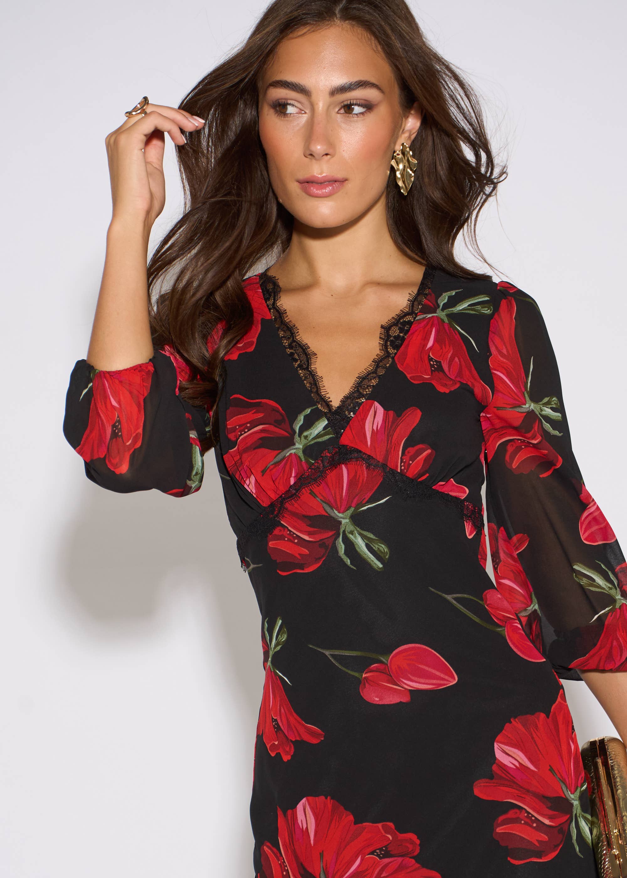 Black Base Red Bloom Lace Trim Midi Dress