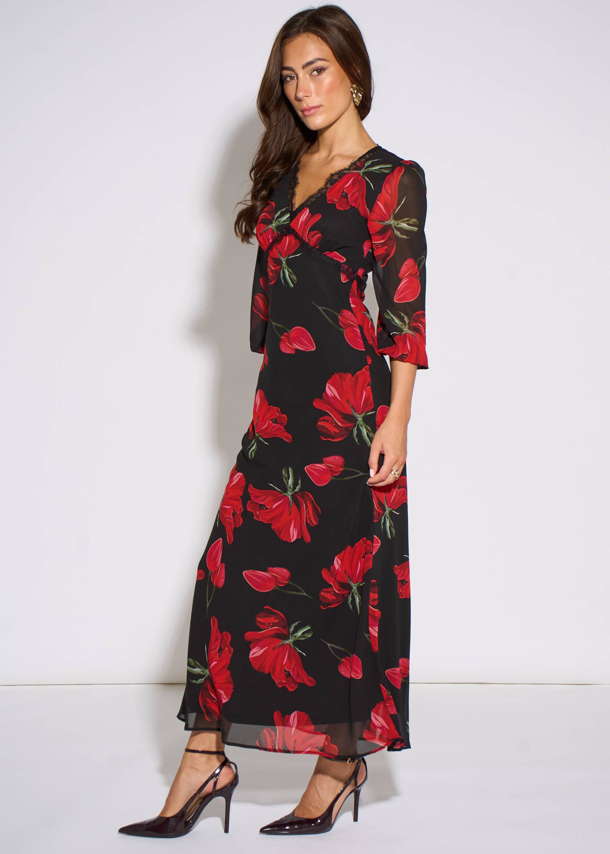 Black Base Red Bloom Lace Trim Midi Dress