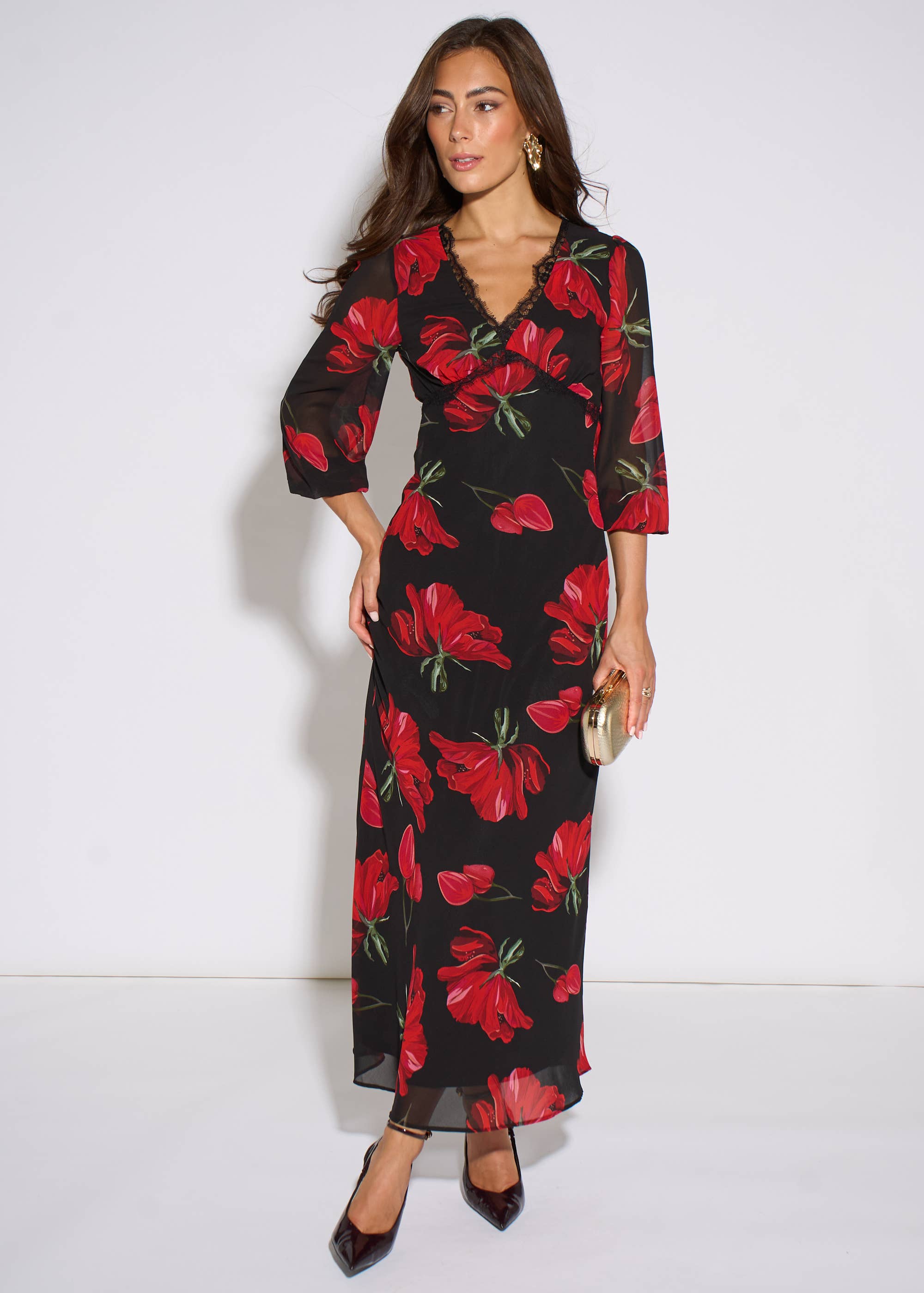Black Base Red Bloom Lace Trim Midi Dress
