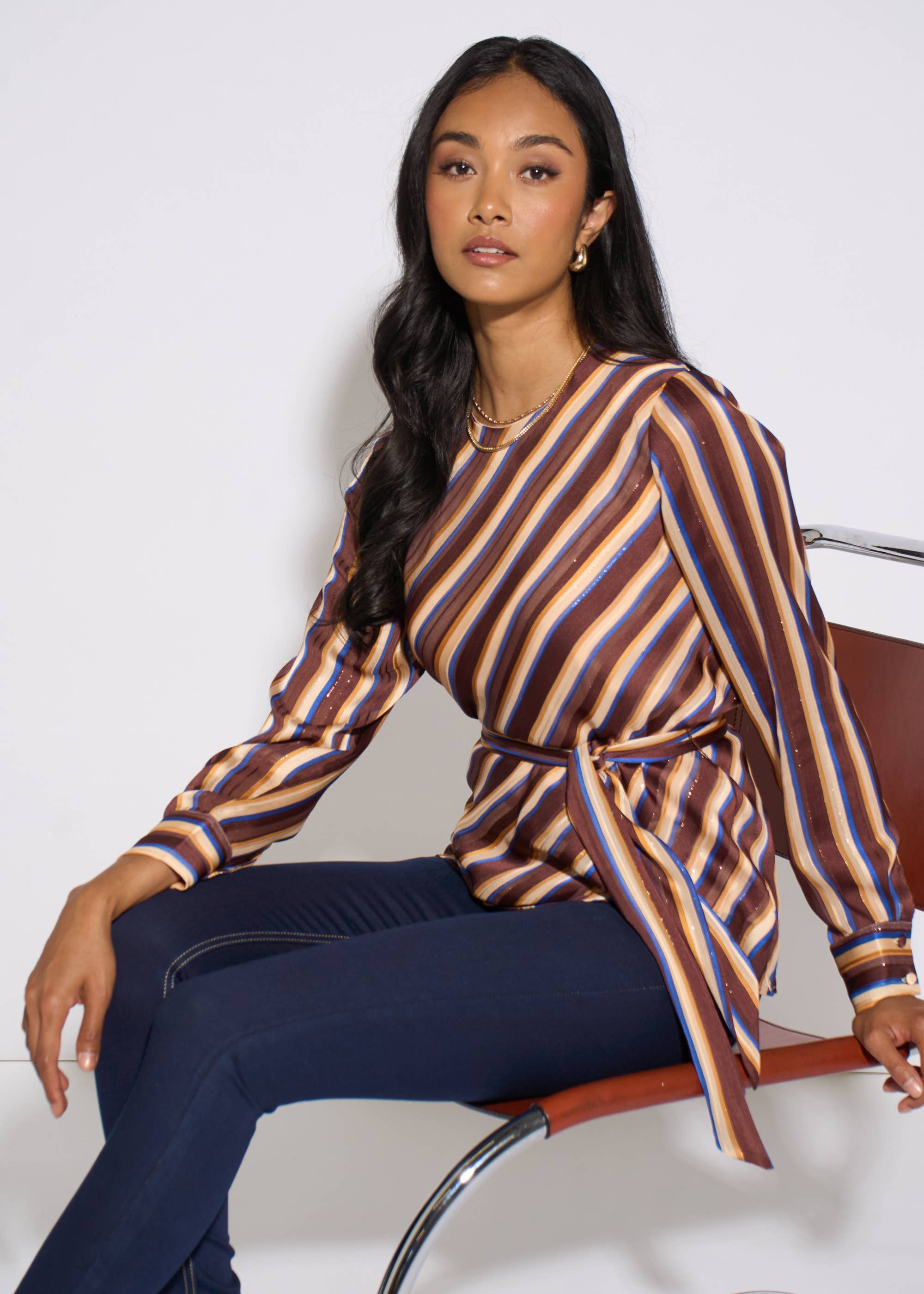 Brown Diagonal Stripe Sparkle Belted Blouse