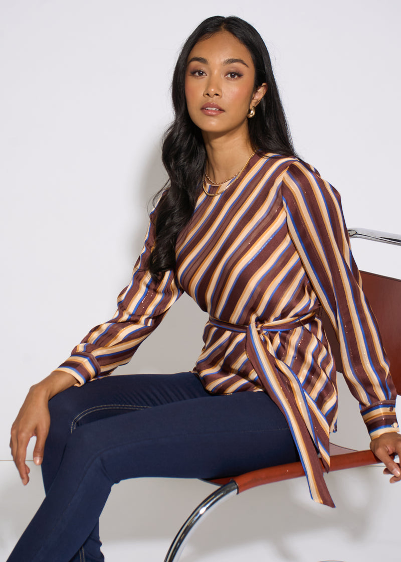 Brown Diagonal Stripe Sparkle Belted Blouse – View 8 | Gini London
