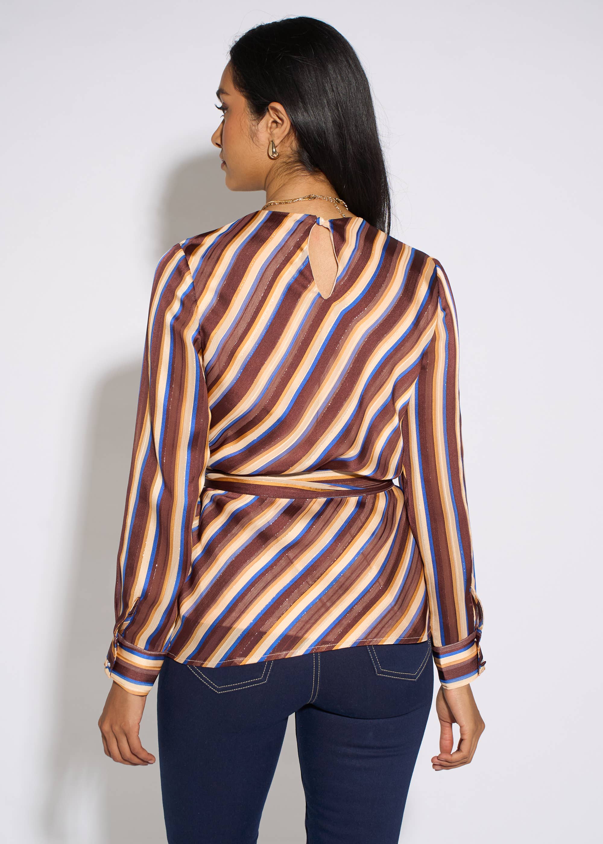 Brown Diagonal Stripe Sparkle Belted Blouse