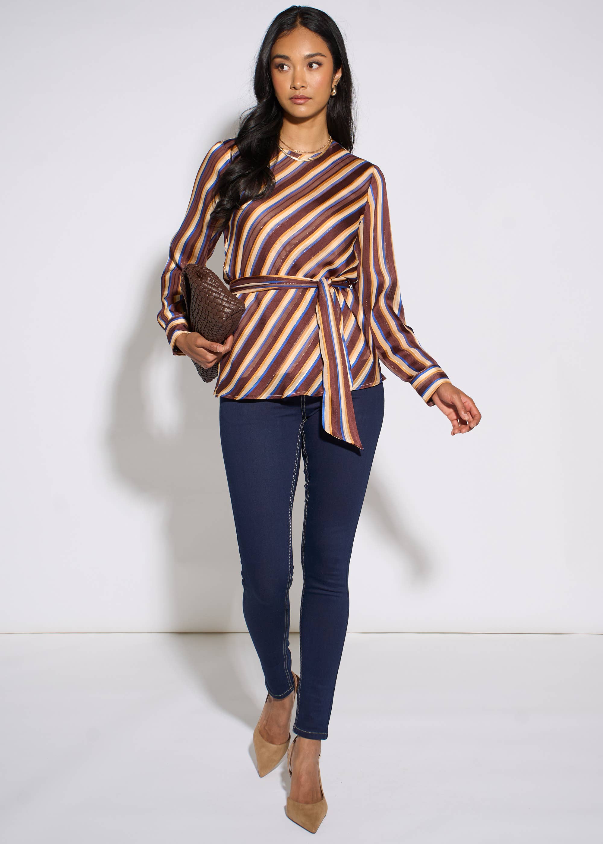 Brown Diagonal Stripe Sparkle Belted Blouse